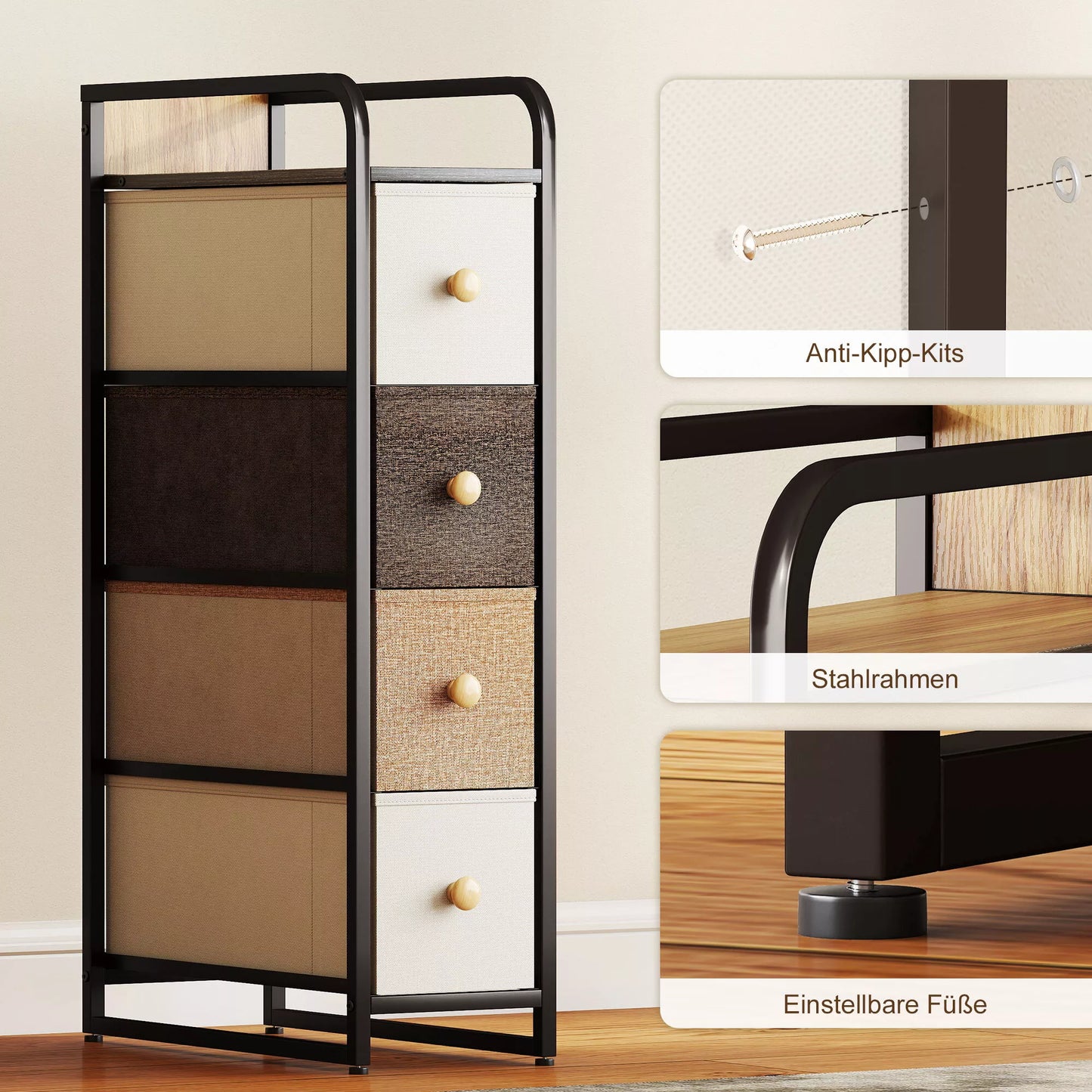 Komoda su 4 stalčiais, neaustinės medžiagos laikymo spintelė su plieniniu rėmu, plienas ir tekstilė, mdf, 20x47x84,5 cm, įvairiaspalvė