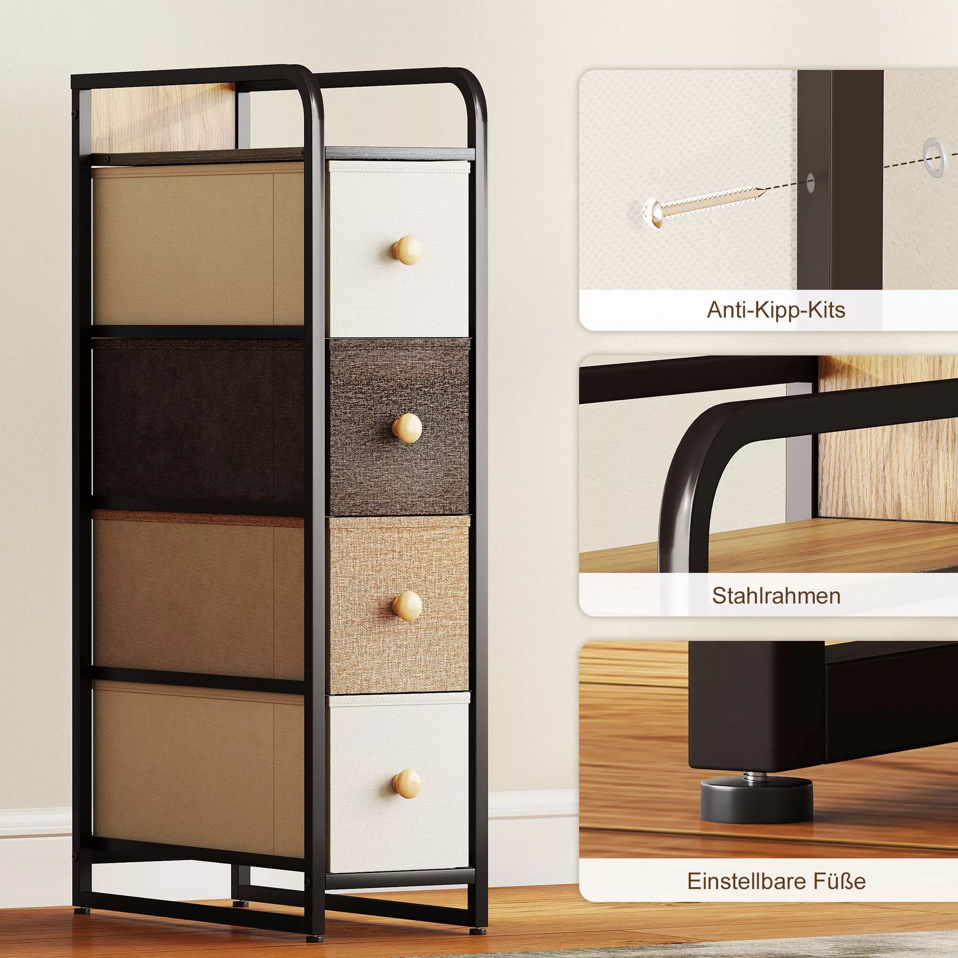 Komoda su 4 stalčiais, neaustinės medžiagos laikymo spintelė su plieniniu rėmu, plienas ir tekstilė, mdf, 20x47x84,5 cm, įvairiaspalvė