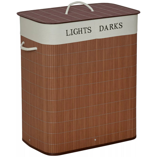 Siauras bambukinis skalbinių krepšys su dangčiu, 100L skalbinių surinktuvas su rankenomis, 2 išimami skalbinių maišai, skalbinių dėžė skalbyklai, miegamajam, vonios kambariui, rudas