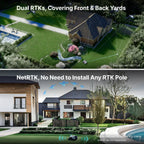 Infografika su Anthbot M9 RTK kliūčių aptikimu ir vandeniui atsparumu