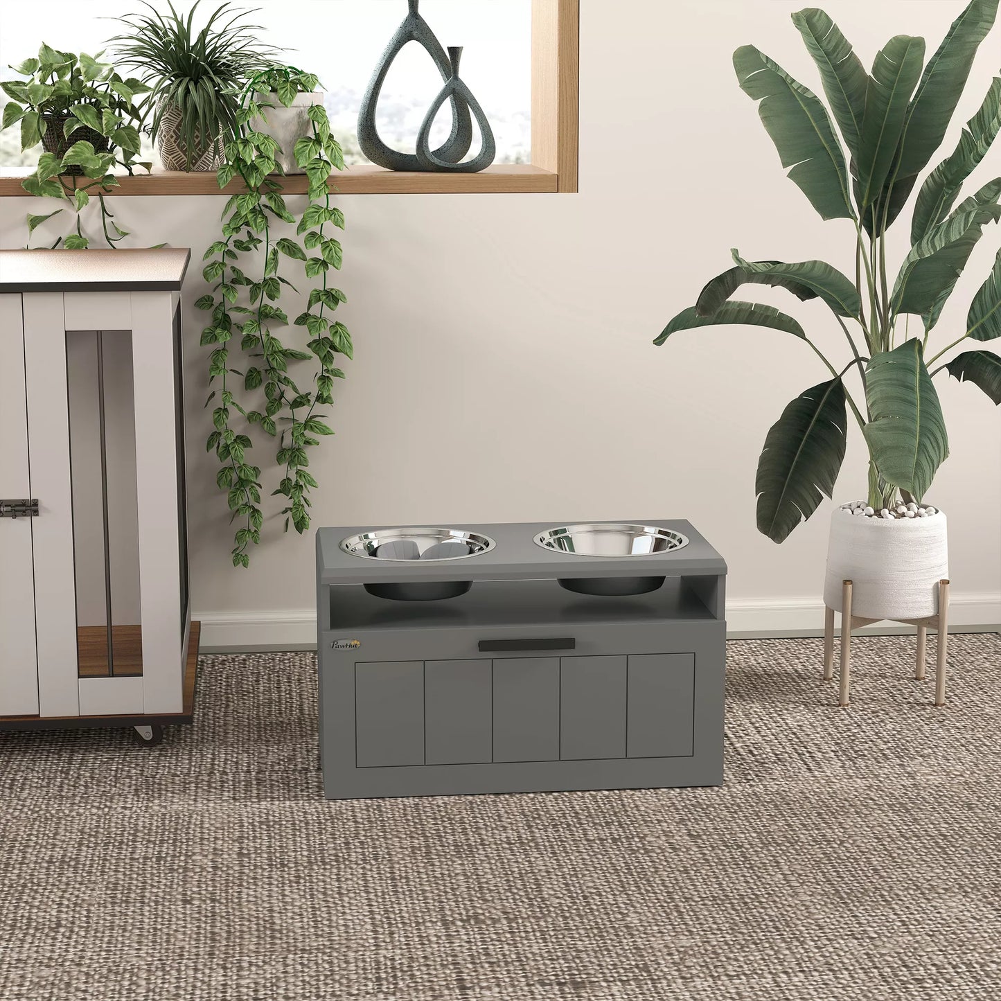 Šėrimo stotelė dideliems šunims, su 2 nerūdijančio plieno dubenėliais, stalčius, naminių gyvūnėlių ėdalo dozatorius, MDF, plienas, pilka