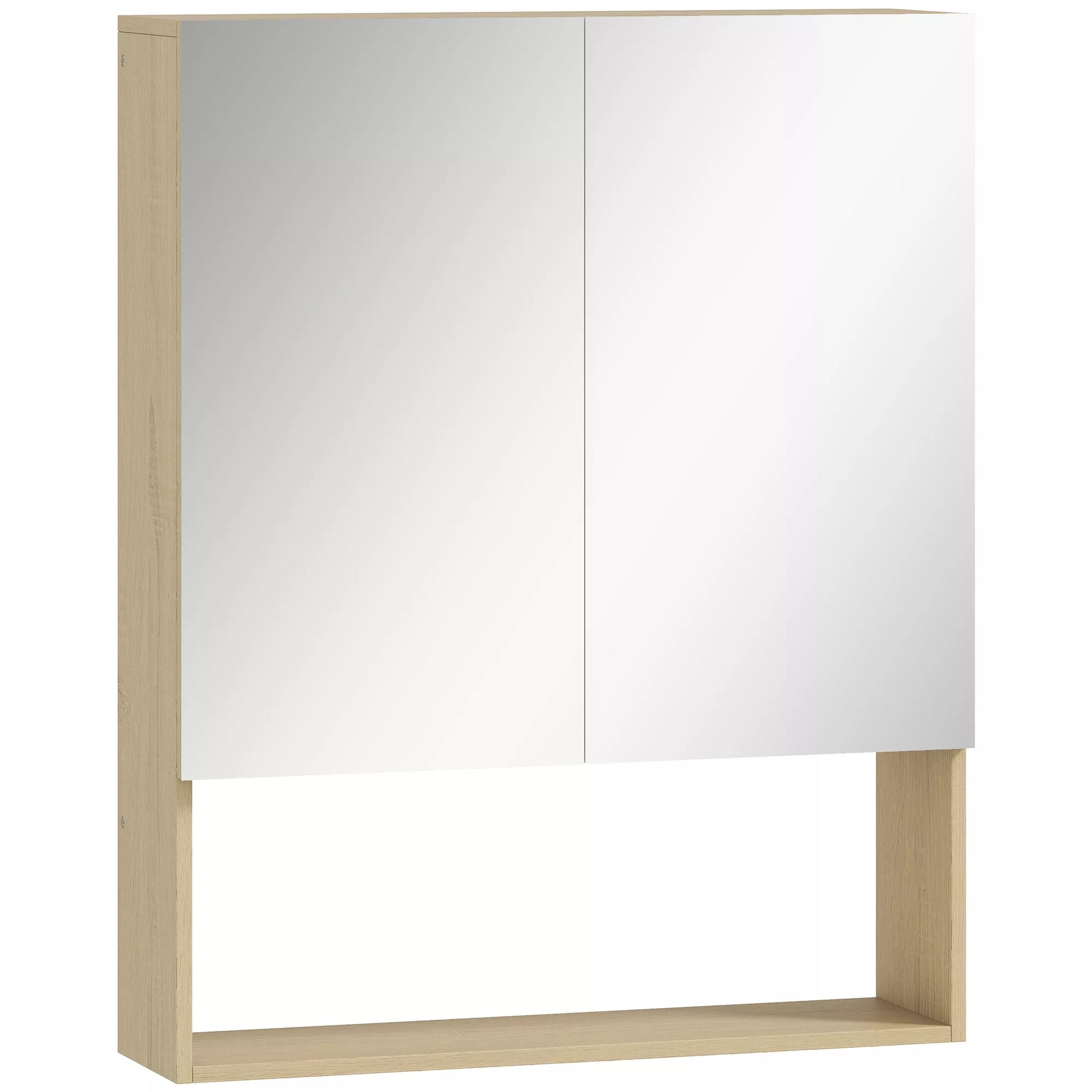 Vonios spintelė, veidrodinės durys, atvira lentyna, sieninis montavimas, MDF, medžio drožlių plokštė, ąžuolas