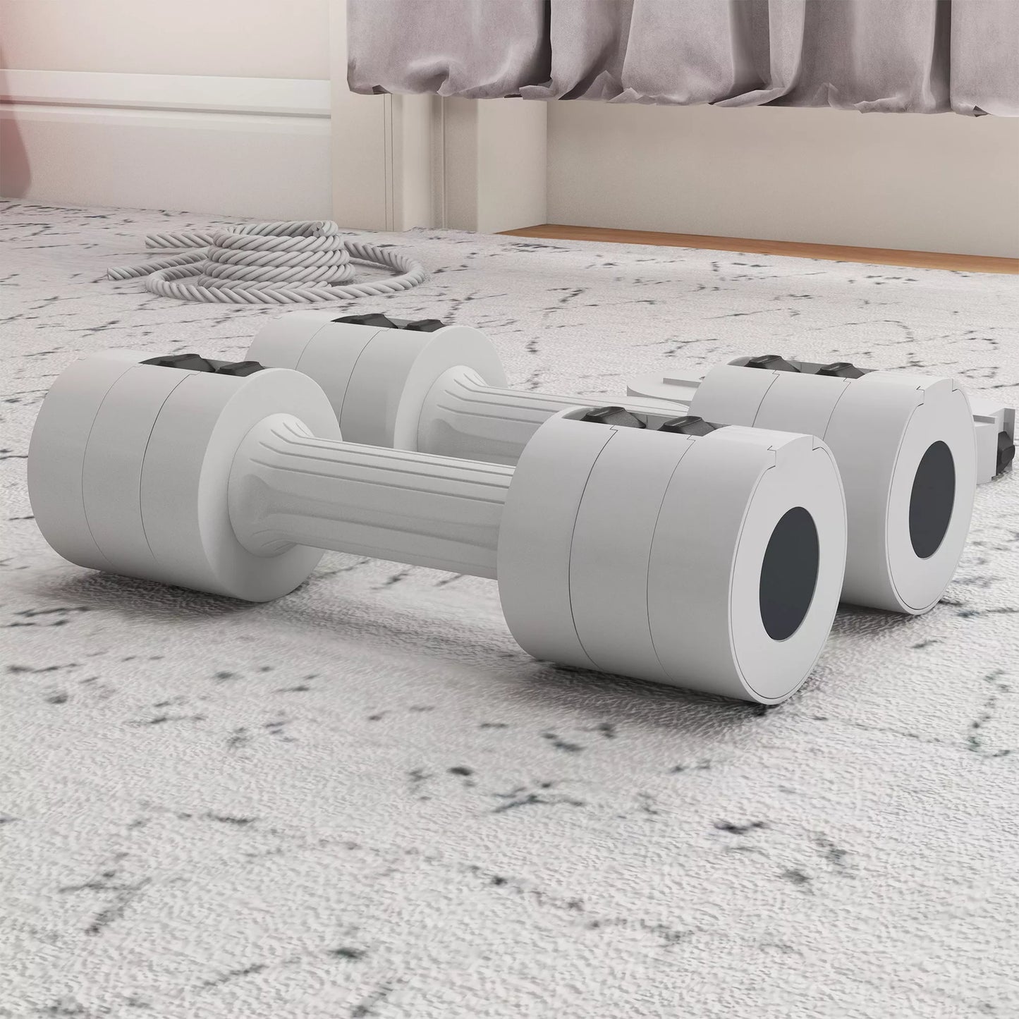 2 x 2,5 kg hanteliai su reguliuojamu svoriu, plastikiniu korpusu, balti