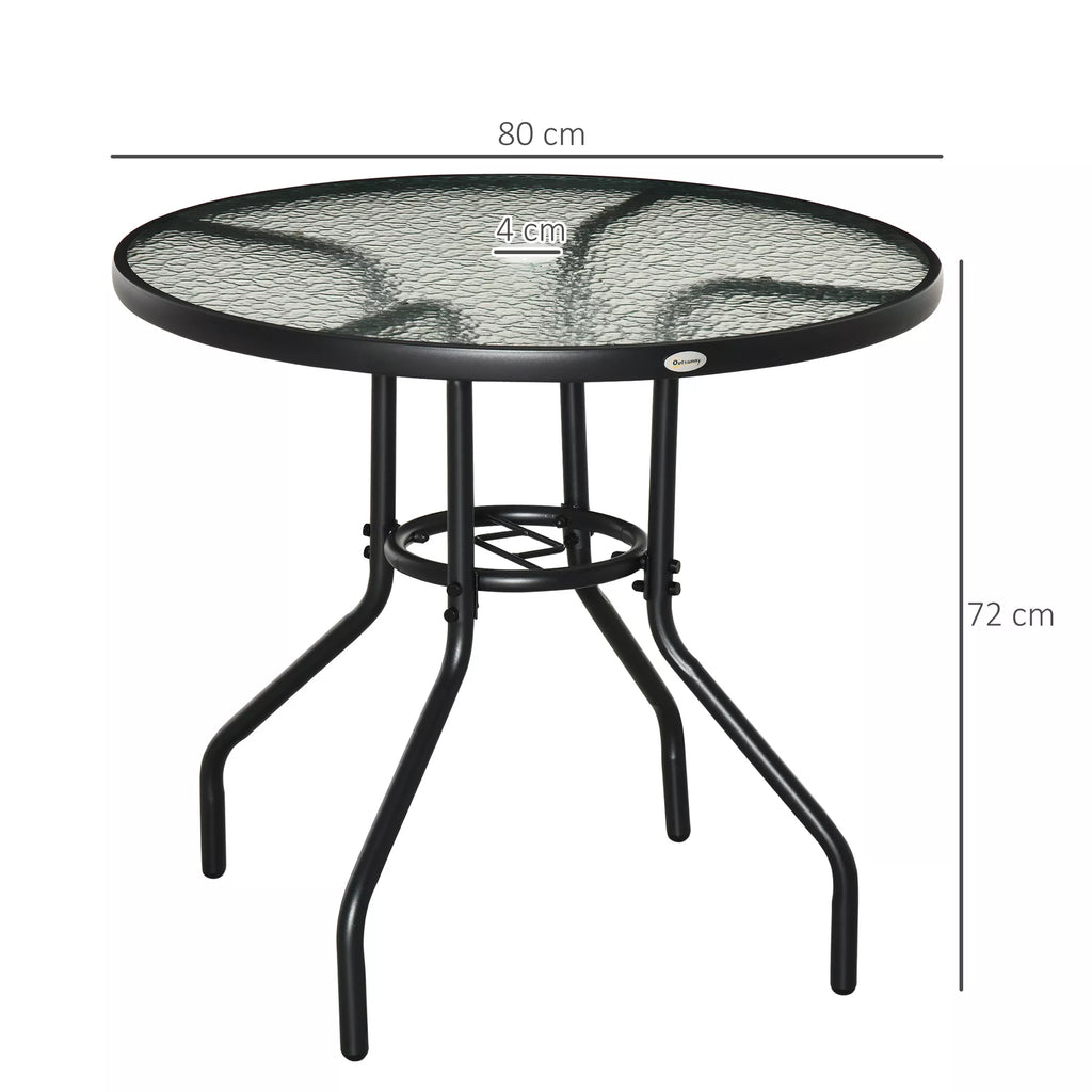 Sodo stalas Sodo pagalbinis stalas Sodo baldai Balkono stalas Bistro stalas su skėčio skyle Kietas stiklas + metalas Juodas Ø80 x 72 cm