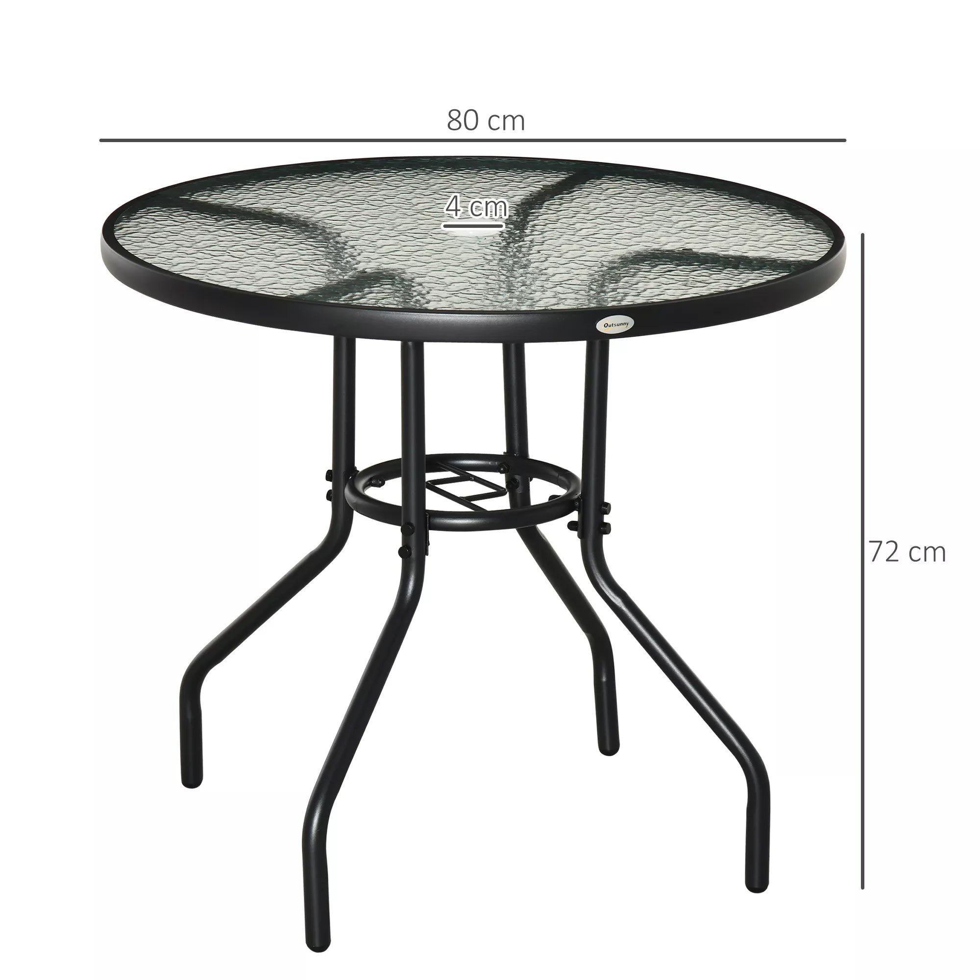 Sodo stalas Sodo pagalbinis stalas Sodo baldai Balkono stalas Bistro stalas su skėčio skyle Kietas stiklas + metalas Juodas Ø80 x 72 cm