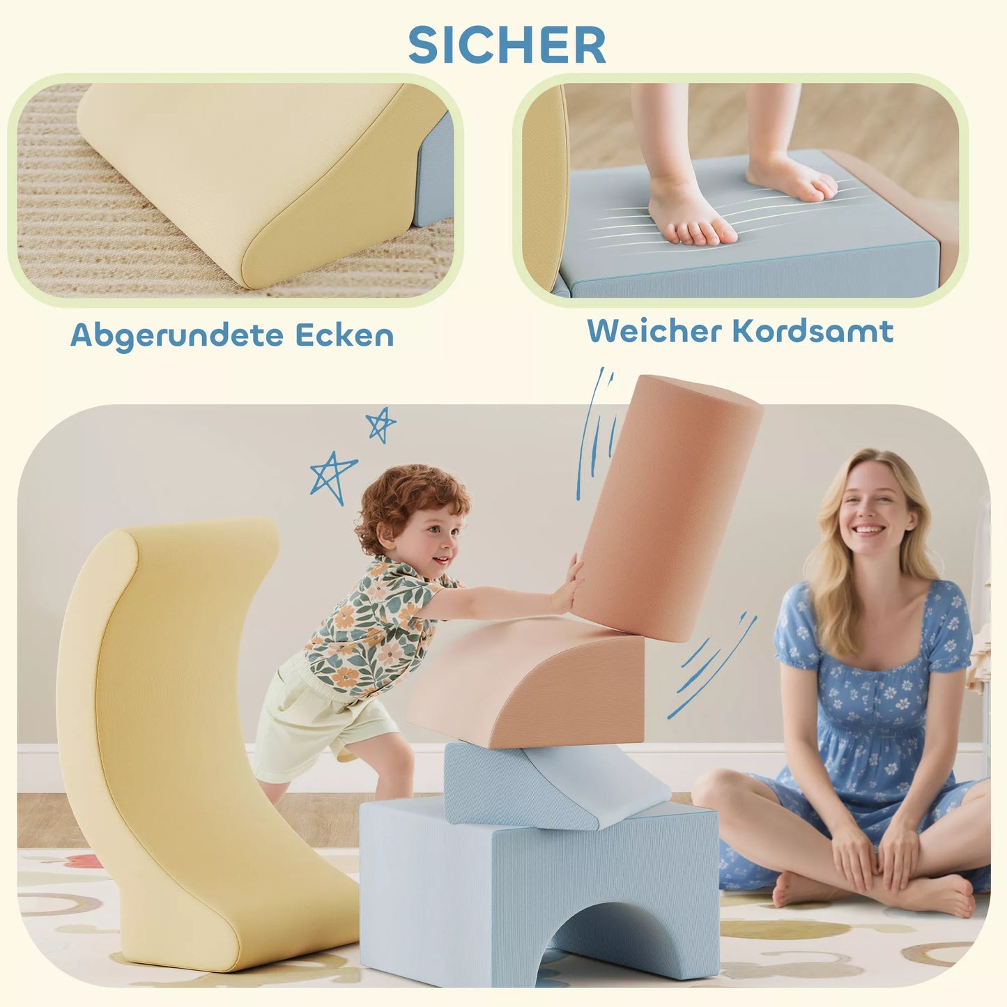 5 vnt. putų lipimo blokų rinkinys, apmuštas aksomu, lengvas, skirtas statyti, ropinėti, lipti, spalvotas