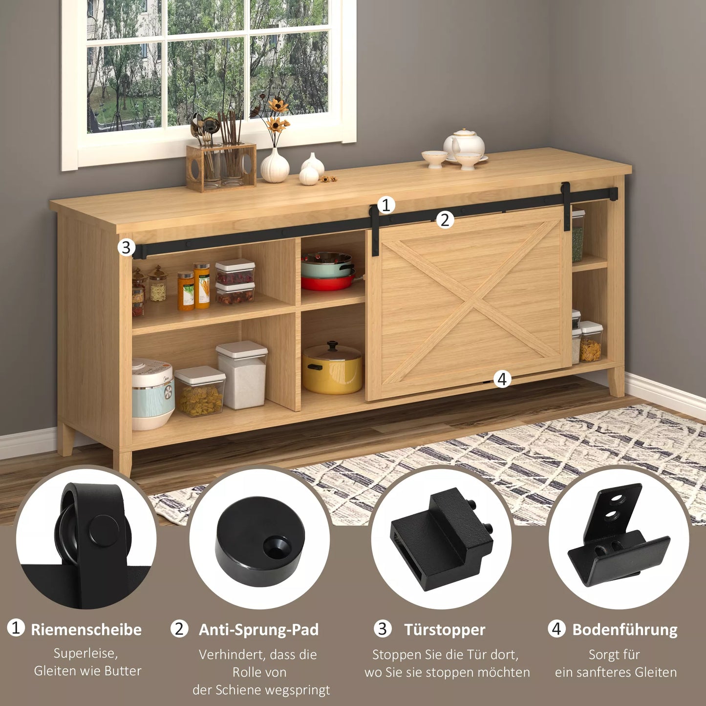 200 cm stumdomųjų durų komplektas su grindų kreipiančiąja, bėgeliais, voleliais, stumdomųjų durų sistema vienoms medinėms stumdomoms durims