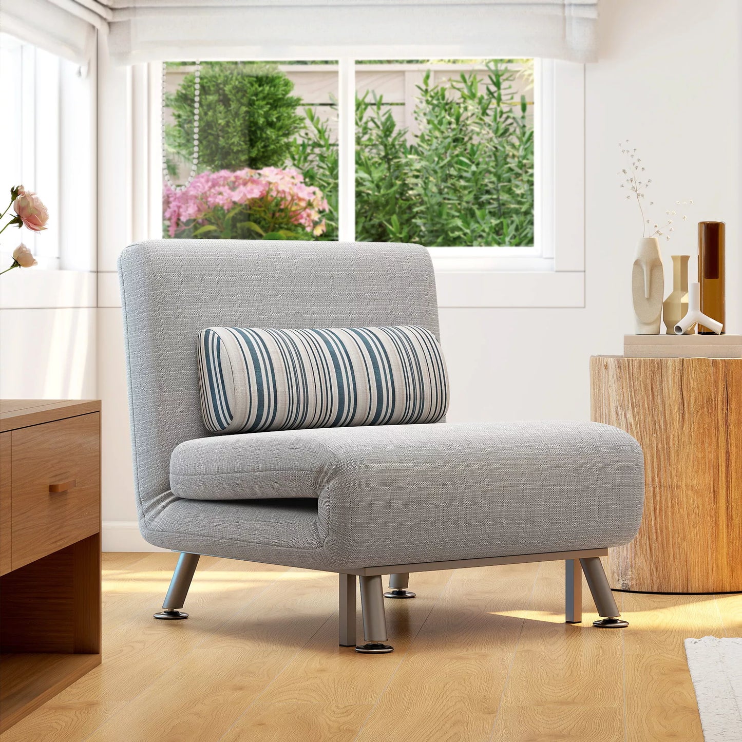 Sulankstomas krėslas su miegojimo funkcija, atlošiamas krėslas su linine išvaizda, reguliuojama atlošas, 75 x 70 x 75 cm, Pilka