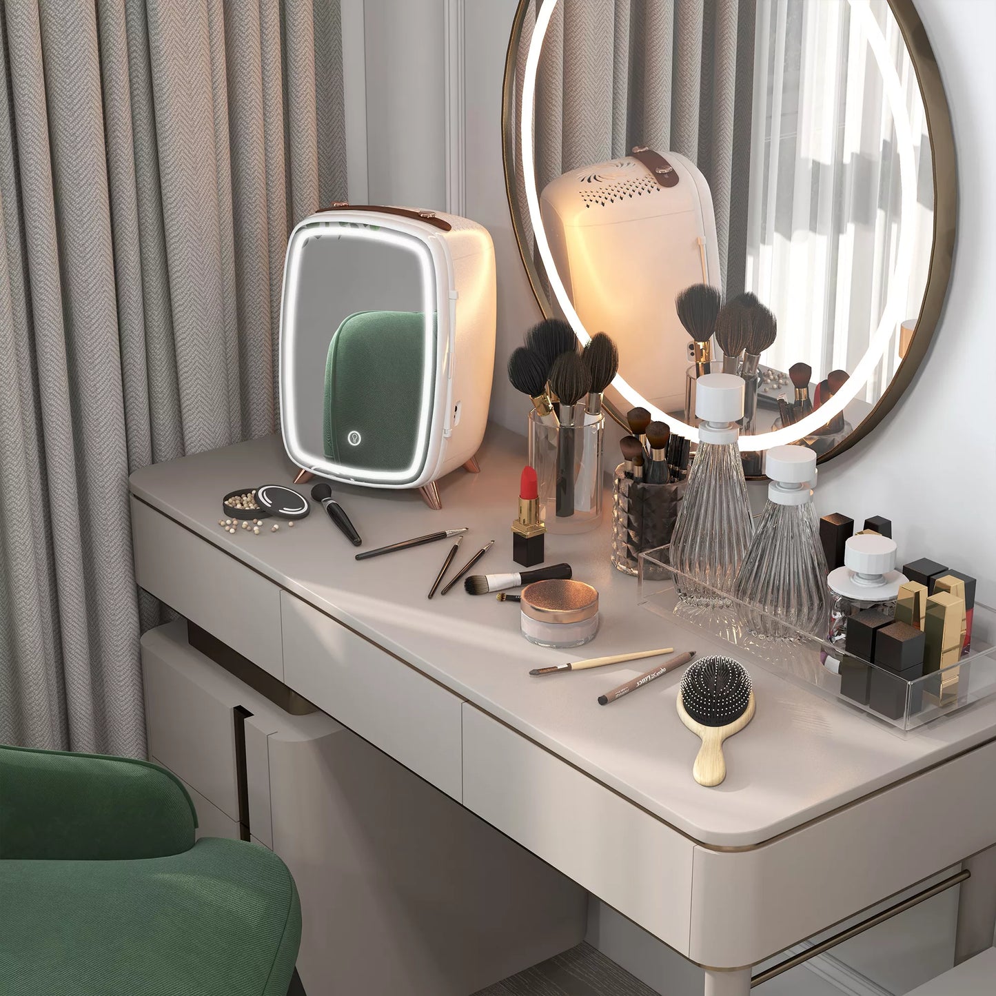 Nešiojamas mini šaldytuvas kosmetikai, gėrimams ir užkandžiams, su apšviečiamu veidrodžiu, tylus veikimas, 6L, baltas