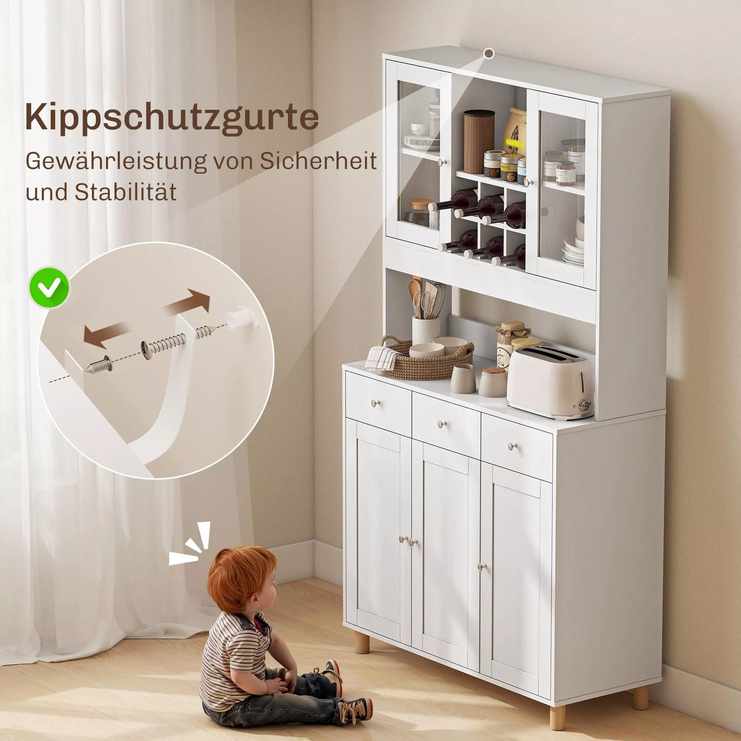 180 cm virtuvės spintelė, 2 stiklinės durys, 3 stalčiai, 4 reguliuojami lentynos, valgomojo spintelė, medžio drožlių plokštė, balta