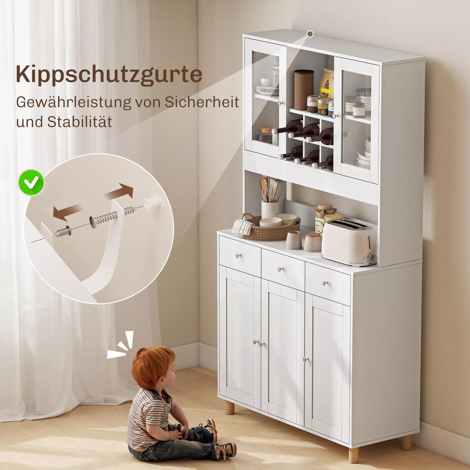 180 cm virtuvės spintelė, 2 stiklinės durys, 3 stalčiai, 4 reguliuojami lentynos, valgomojo spintelė, medžio drožlių plokštė, balta