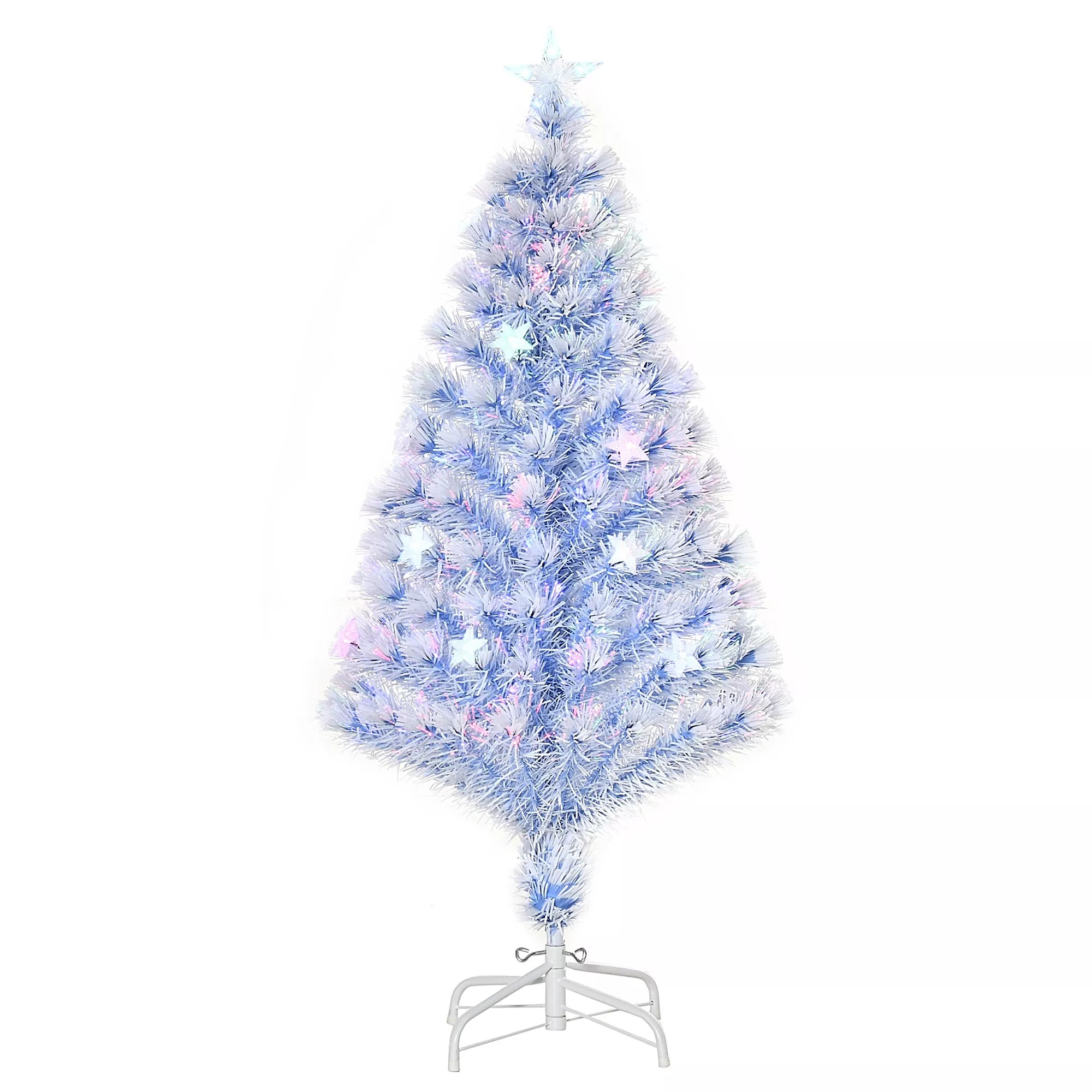 Dirbtinė Kalėdų eglė 120 cm Kalėdinė eglutė dirbtinė su stiklo pluoštu ir LED apšvietimu, 130 galiukų eglė su plieniniu stovu viduje Balta+Mėlyna