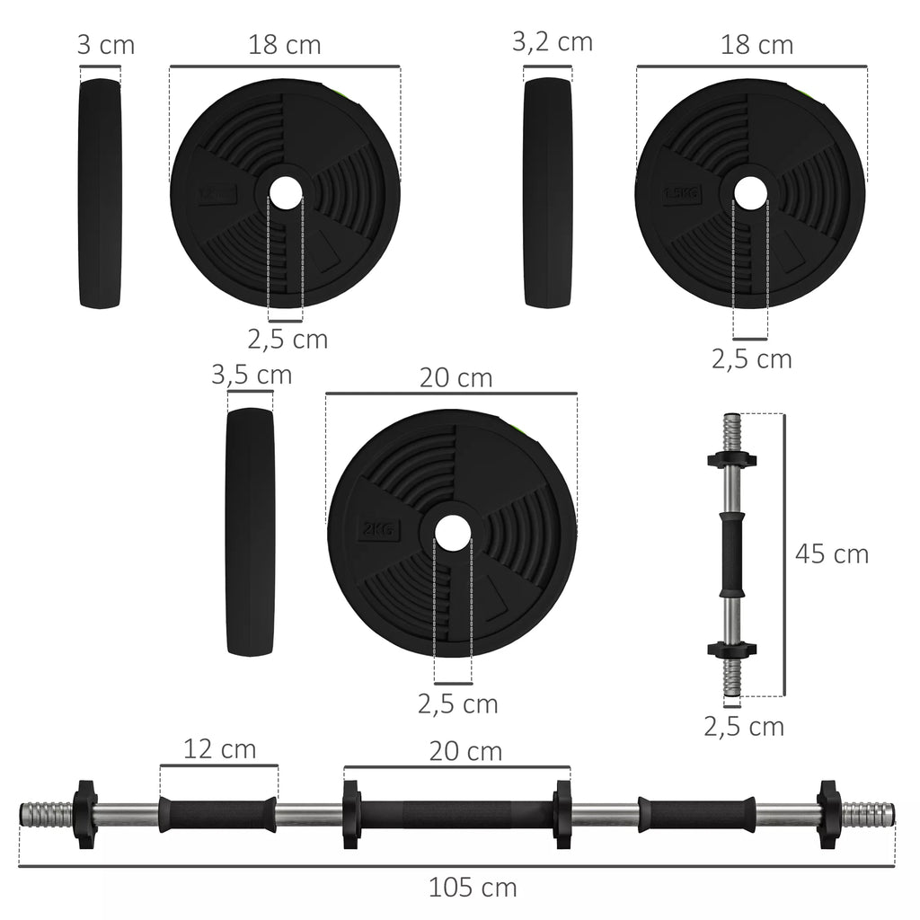 2 viename svarmenų rinkinys, ilgas ir trumpas svorelis, 20 kg, neslystantis, tausojantis grindis, juodos/žalios spalvos