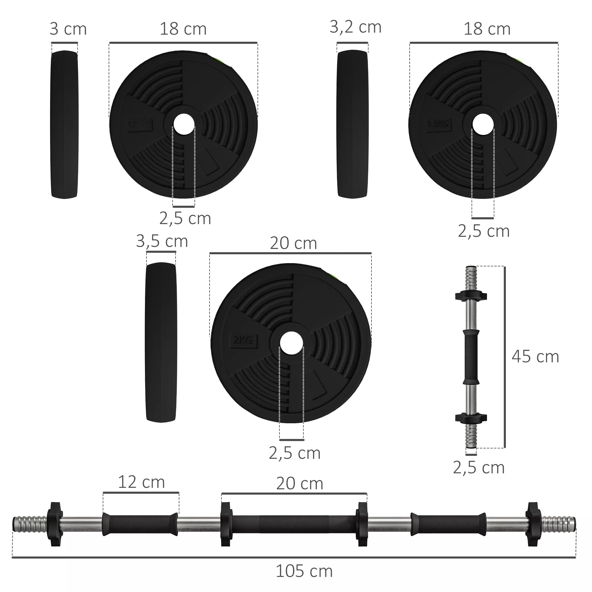 2 viename svarmenų rinkinys, ilgas ir trumpas svorelis, 20 kg, neslystantis, tausojantis grindis, juodos/žalios spalvos