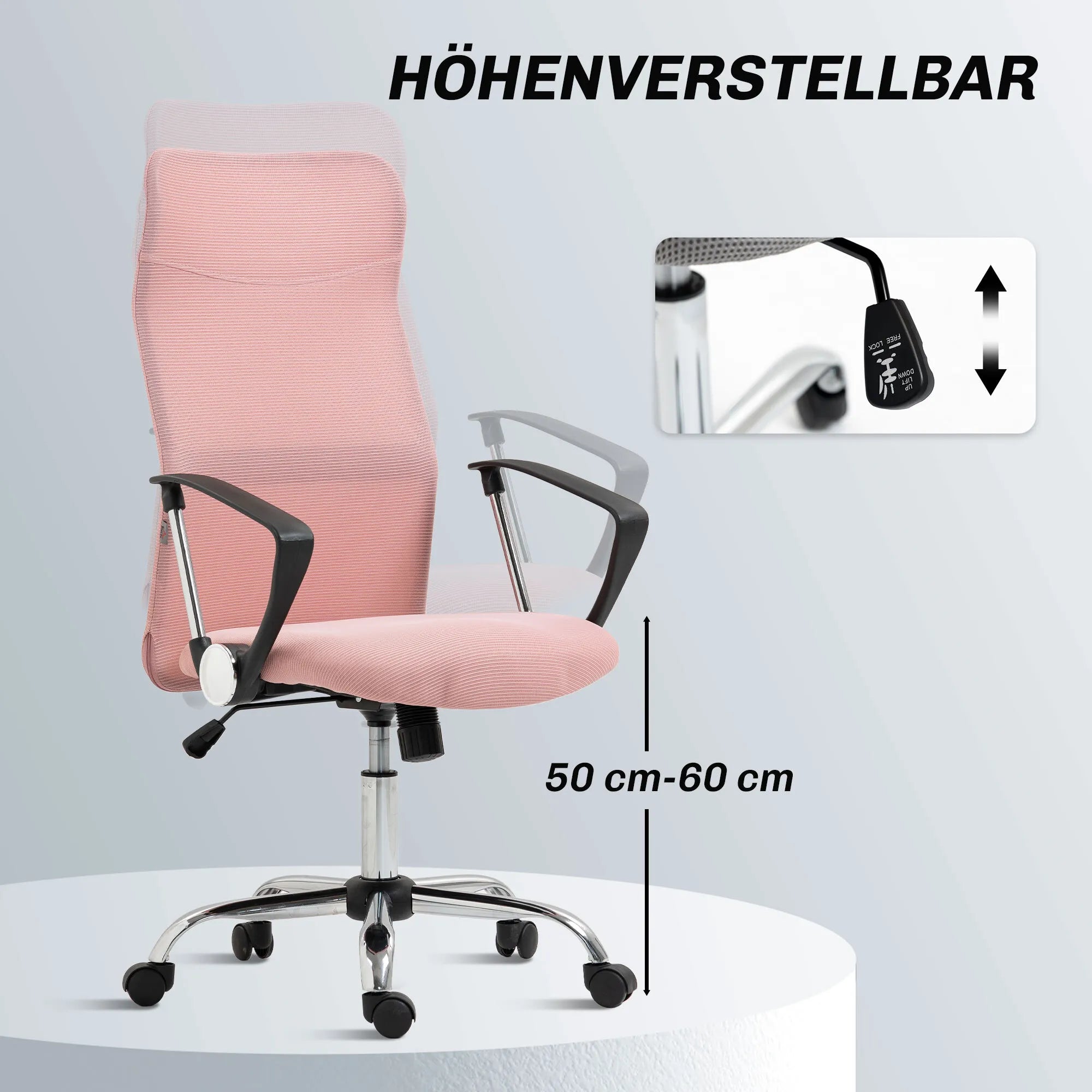 Ergonominė biuro kėdė su tinkleliu reguliuojamo aukščio rožinė