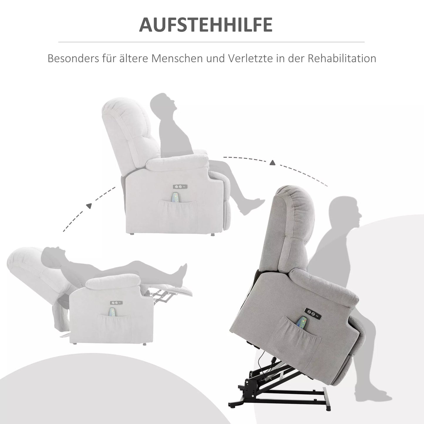 Krėslas su pakėlimo funkcija, masažinis krėslas, relaksacinis krėslas su USB jungtimi, TV krėslas su nuotolinio valdymo pulteliu, šonine kišene, atlenkiamas TV krėslas su aksomo išvaizda, pilkas