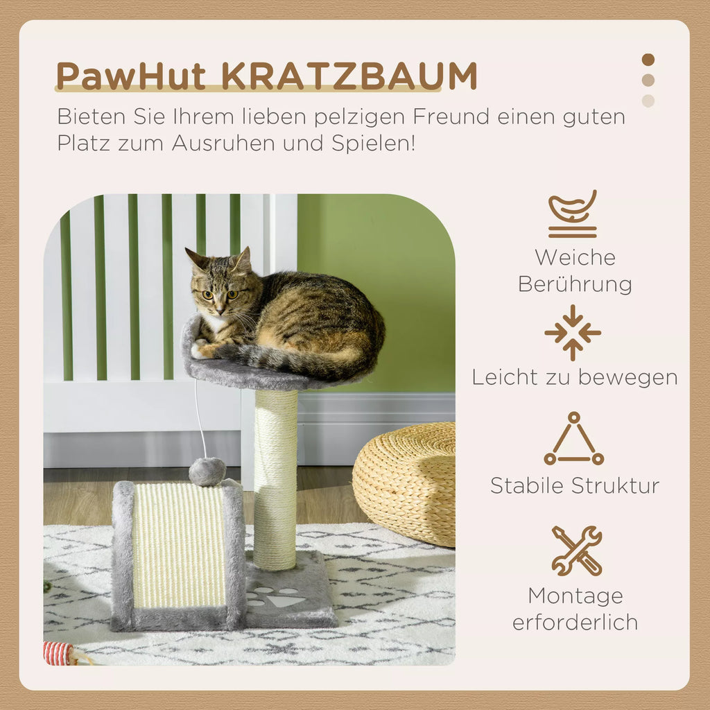 Kratzbaum 46 cm Mažas kačių bokštelis su urvu, žaisliniu kamuoliuku, sizaliniu virve, pakelta platforma, kačių braižymo medis, laipiojimo medis, skirtas katėms iki 4 kg, pilkos spalvos
