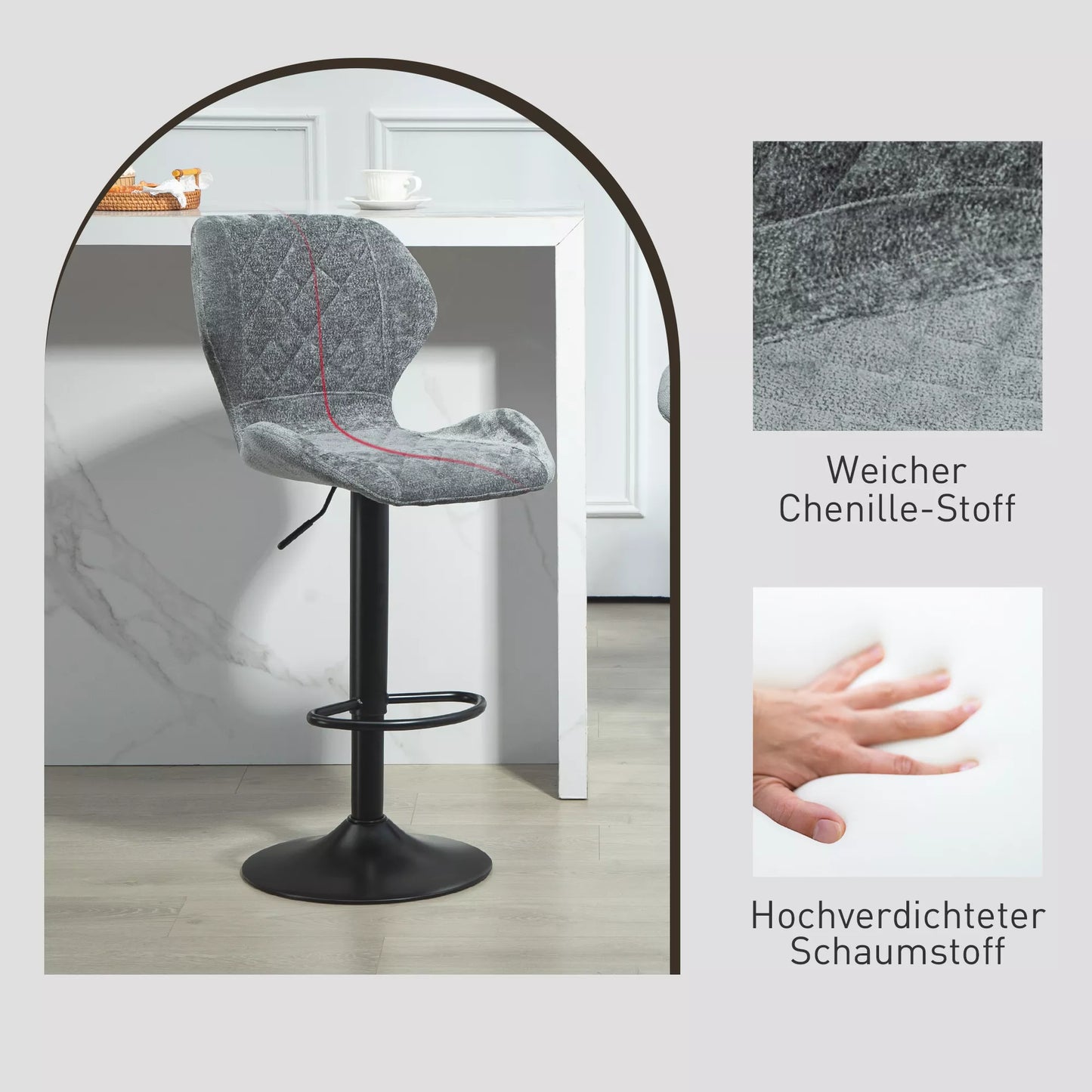 Baro kėdės 2 vnt. komplektas, aukščio reguliuojamos virtuvės kėdutės su atlošu, dujiniu keltuvu, atrama kojoms, pasukamos, pilkos