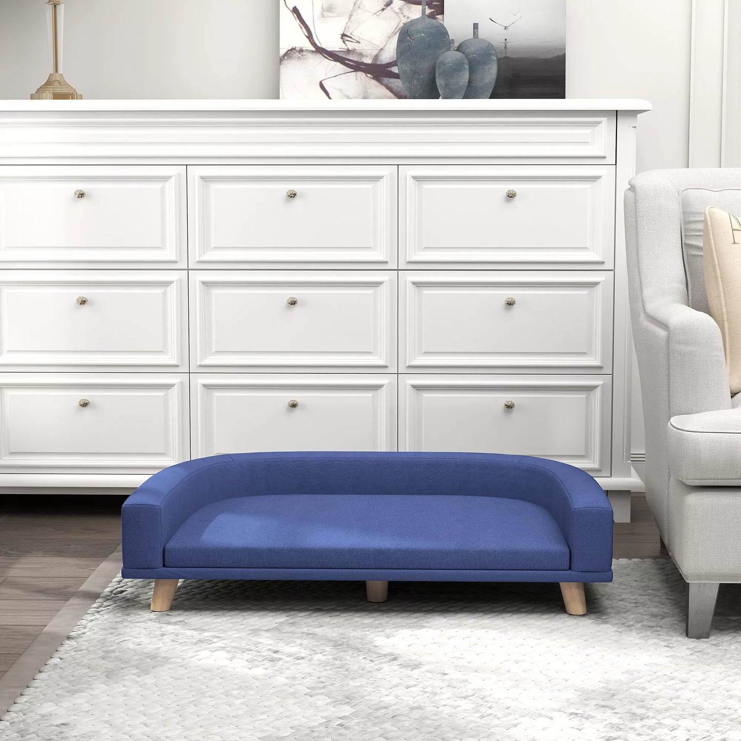 Šunų lova Šunų sofa Naminių gyvūnėlių sofa, eukalipto mediena, 98 x 67 x 25 cm, mėlyna