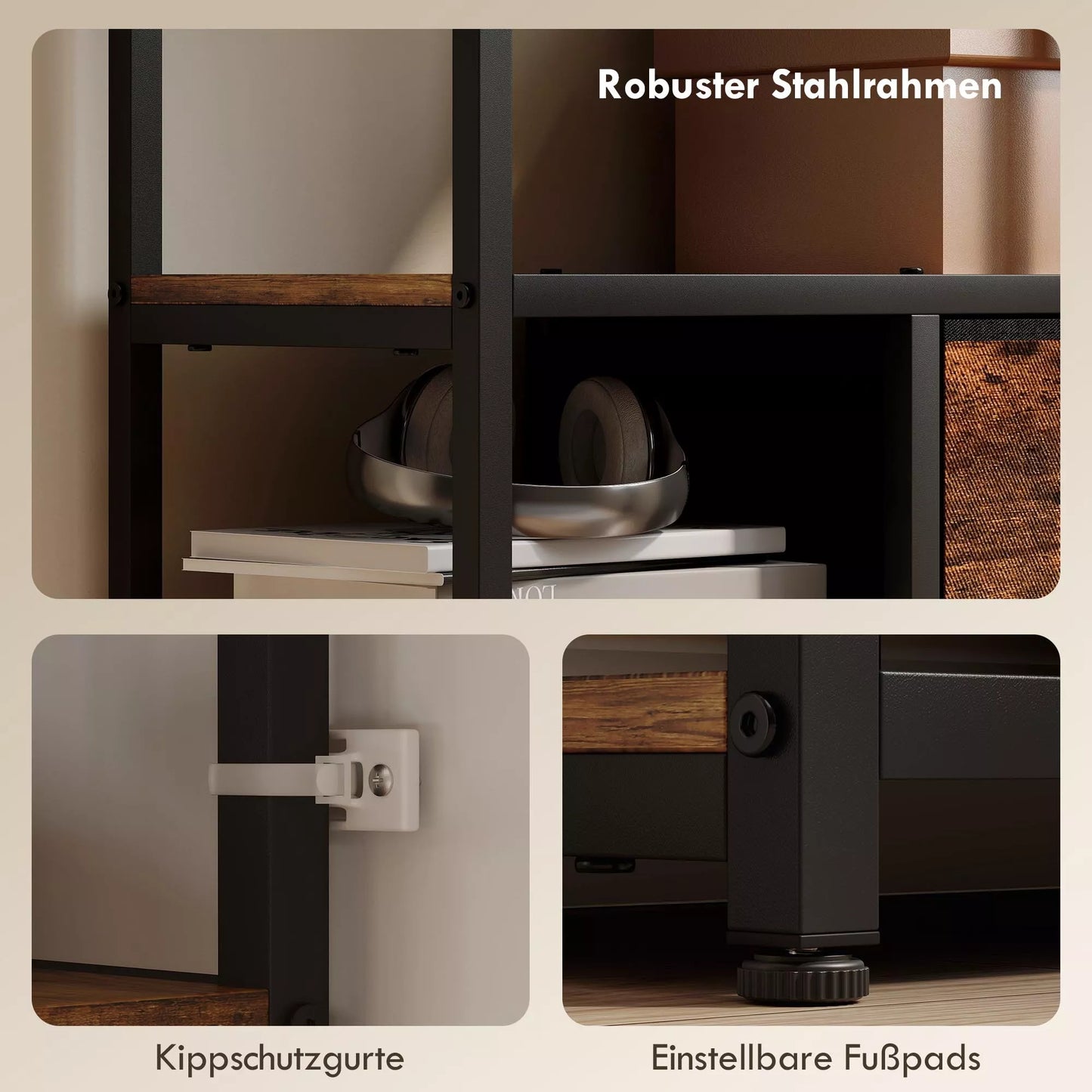 Laikymo lentyna, 2 audinio stalčiai, 9 atviros lentynos, laisvai pastatoma lentyna su plieniniu rėmu, Ruda+Juoda