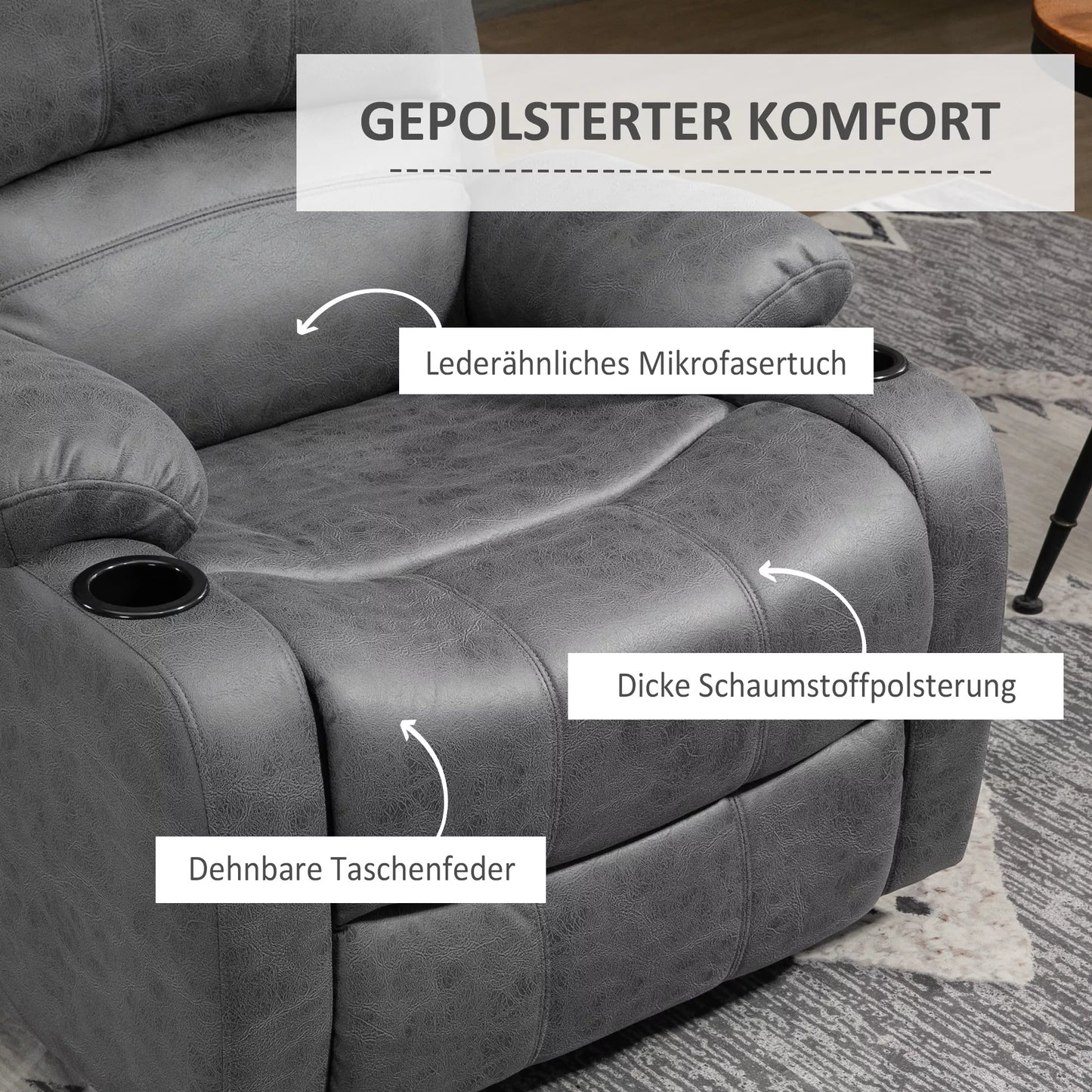 Poilsio fotelis su pakoja ir gulima funkcija, su puodelių laikikliu, TV fotelis, 87 cm x 95 cm x 102 cm, Pilkas