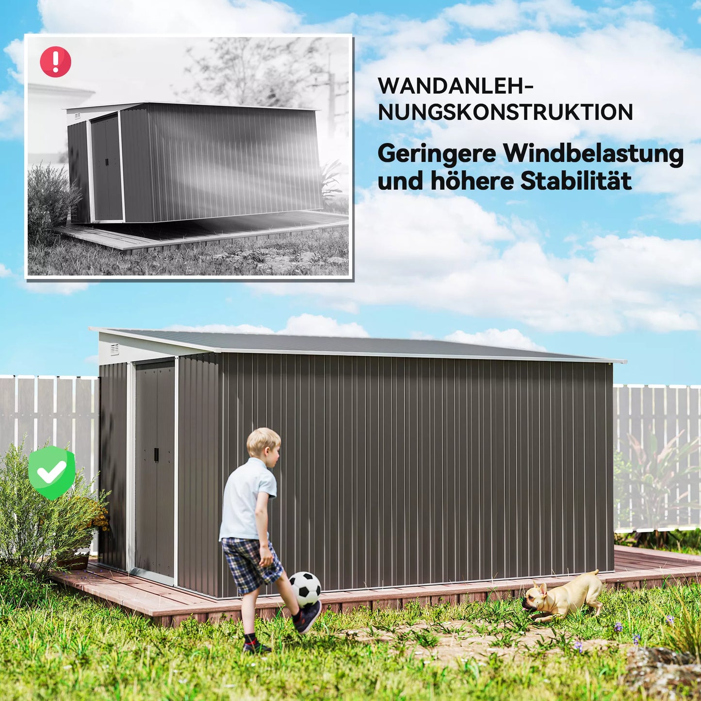 Metalo sodo namelis su šlaitiniu stogu ir užrakinamomis dvigubomis durimis, 2,8 x 3,45 x 2,01m, pilkas