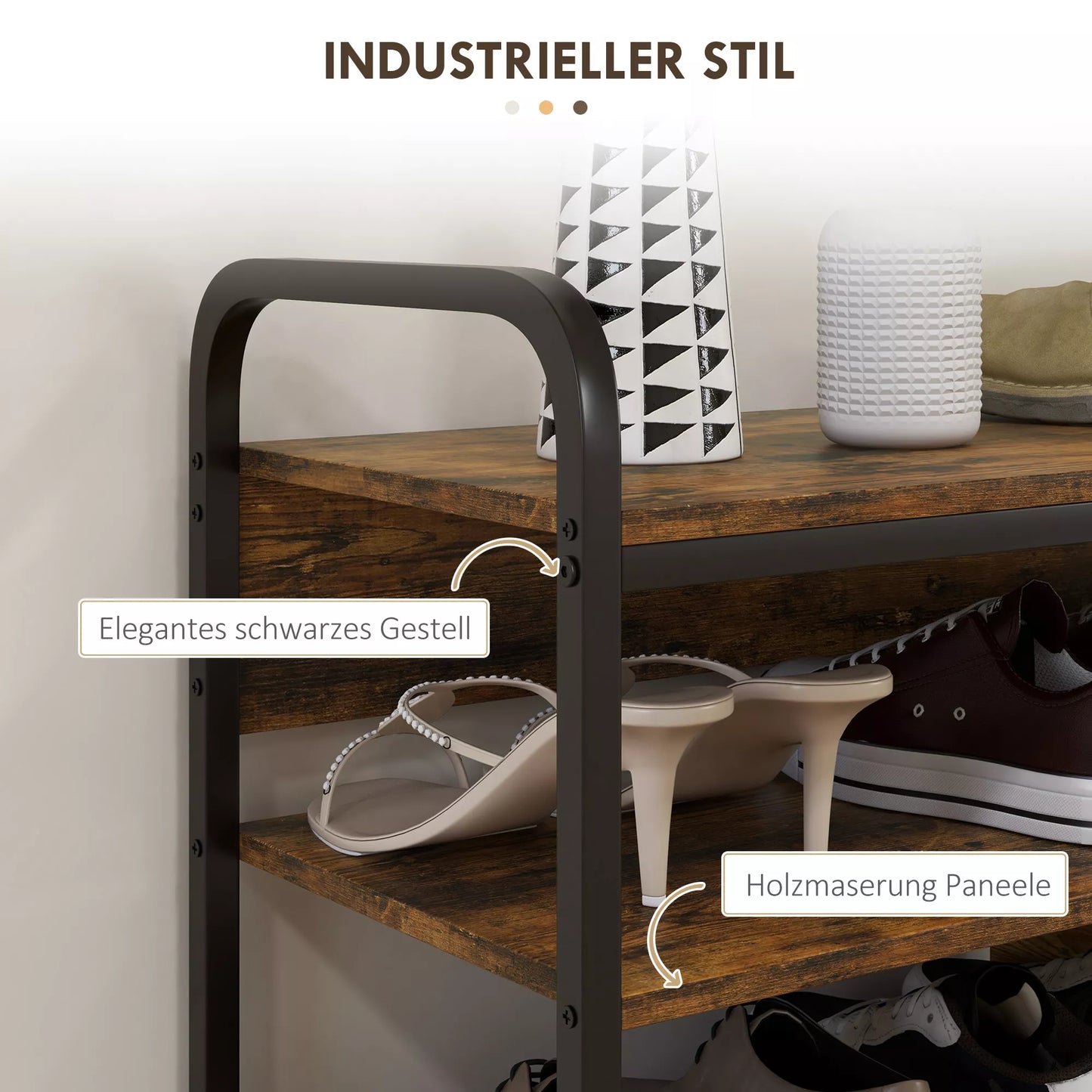 4 pakopų batų lentyna, atviras dizainas, metalinis rėmas, reguliuojamos kojelės, 70x30x65 cm, ruda/juoda