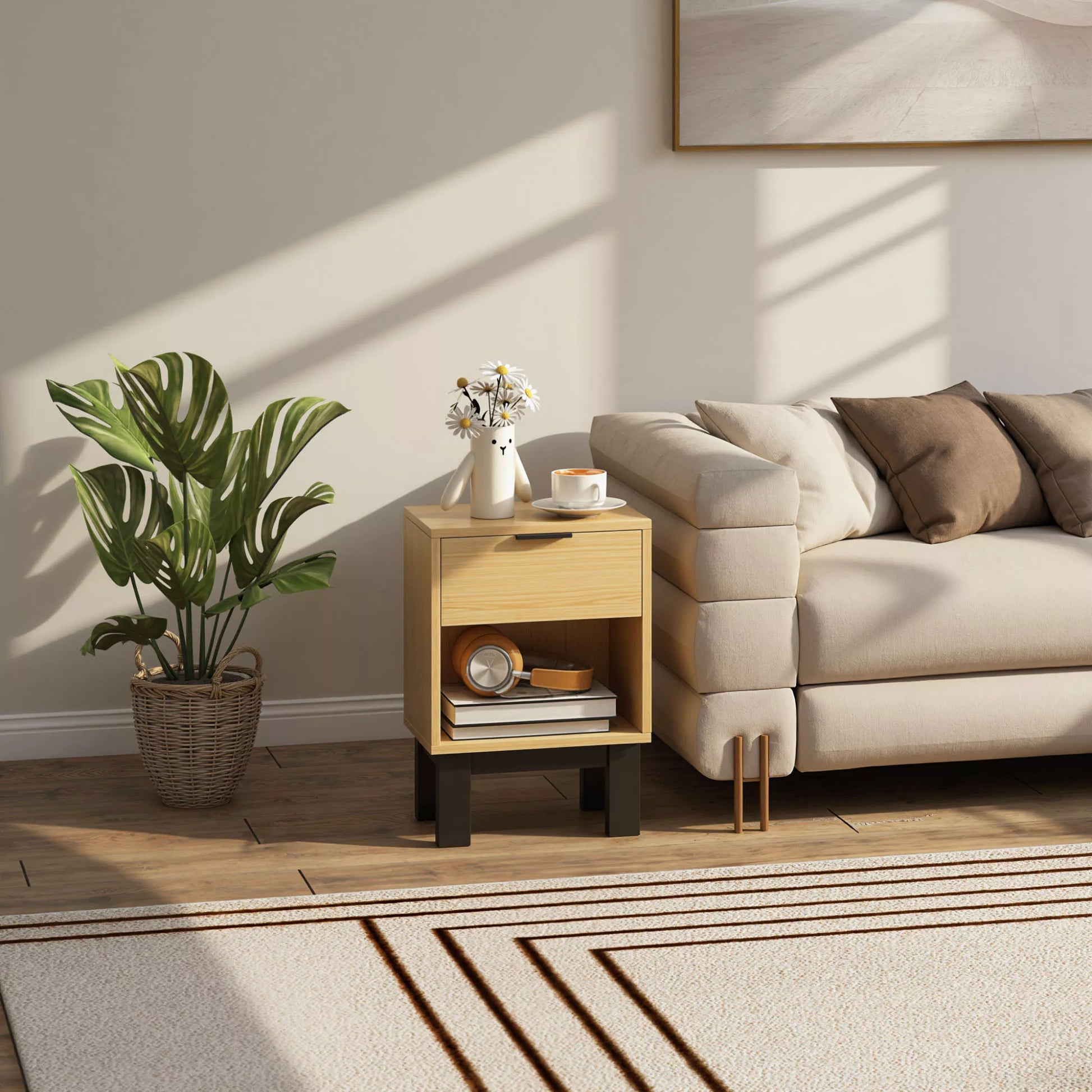 Naktinis staliukas, naktinis spintelė su stalčiumi, atvira lentynėlė, naktinė komoda miegamajam, svetainei, 35 x 26 x 50 cm, ąžuolas