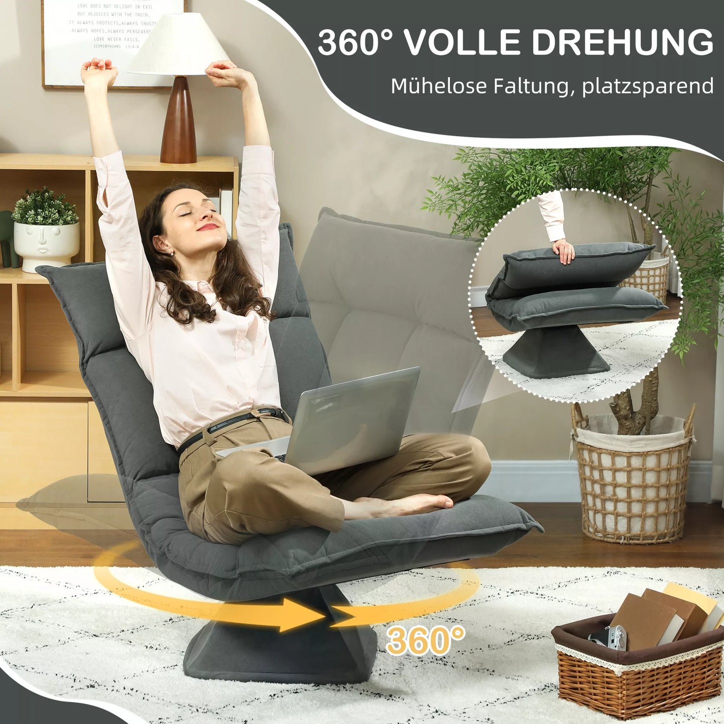 Grindų krėslas su 5 padėtimis reguliuojamu atlošu, pasukamas, moderni minkšta kėdė, tamsiai pilka