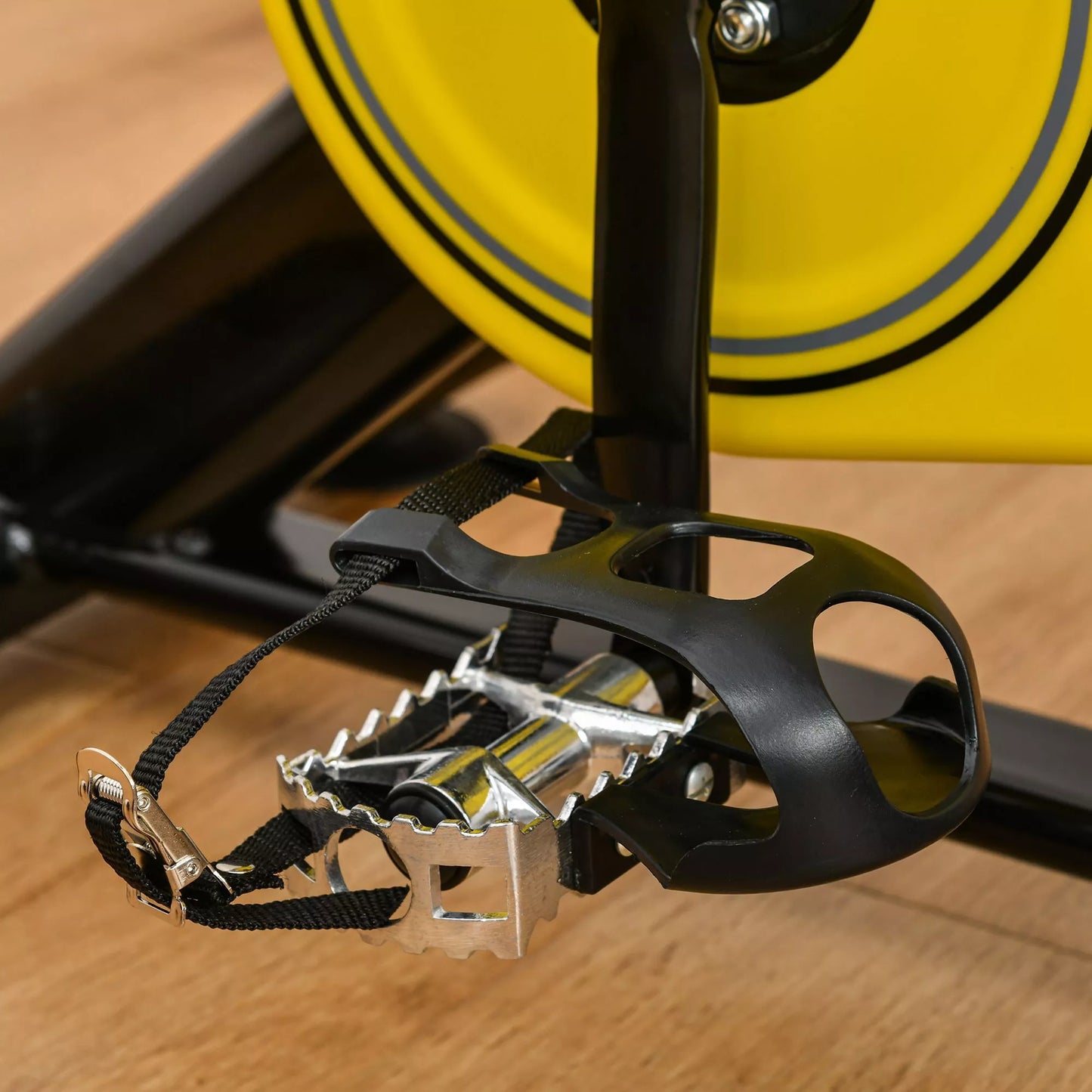 Aukščio reguliuojamas dviračio treniruoklis, namų treniruoklis, fitneso dviratis, ritininis treniruoklis su diržo pavara, LCD ekranu, plienas, ABS, geltonas+juodas, 45,5 x 100 x 101-113 cm
