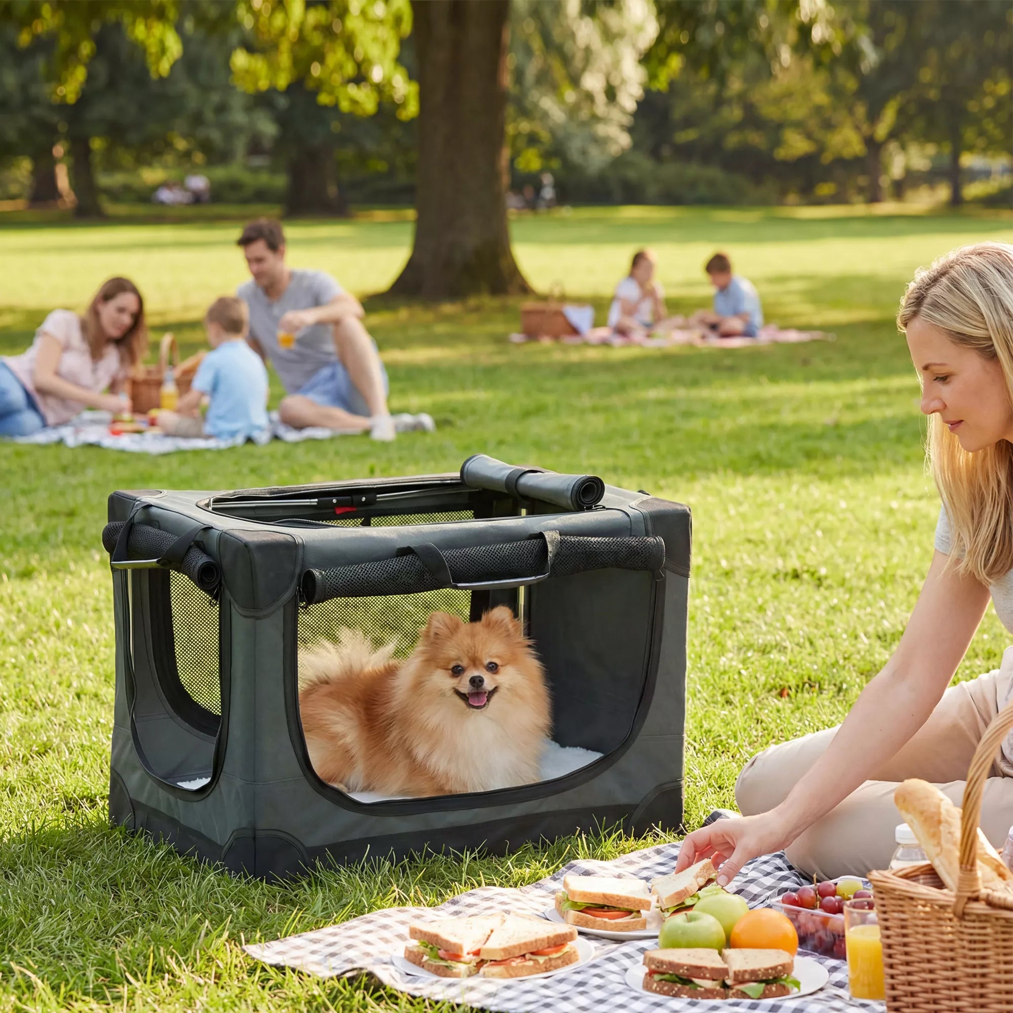 Sulankstoma šunų dėžė Šunų transportavimo dėžė su nuimamu, skalbiamu pagalvėliu, pagaminta iš Oxford audinio, skirta šunims iki 4 kg, kariškos žalios spalvos.