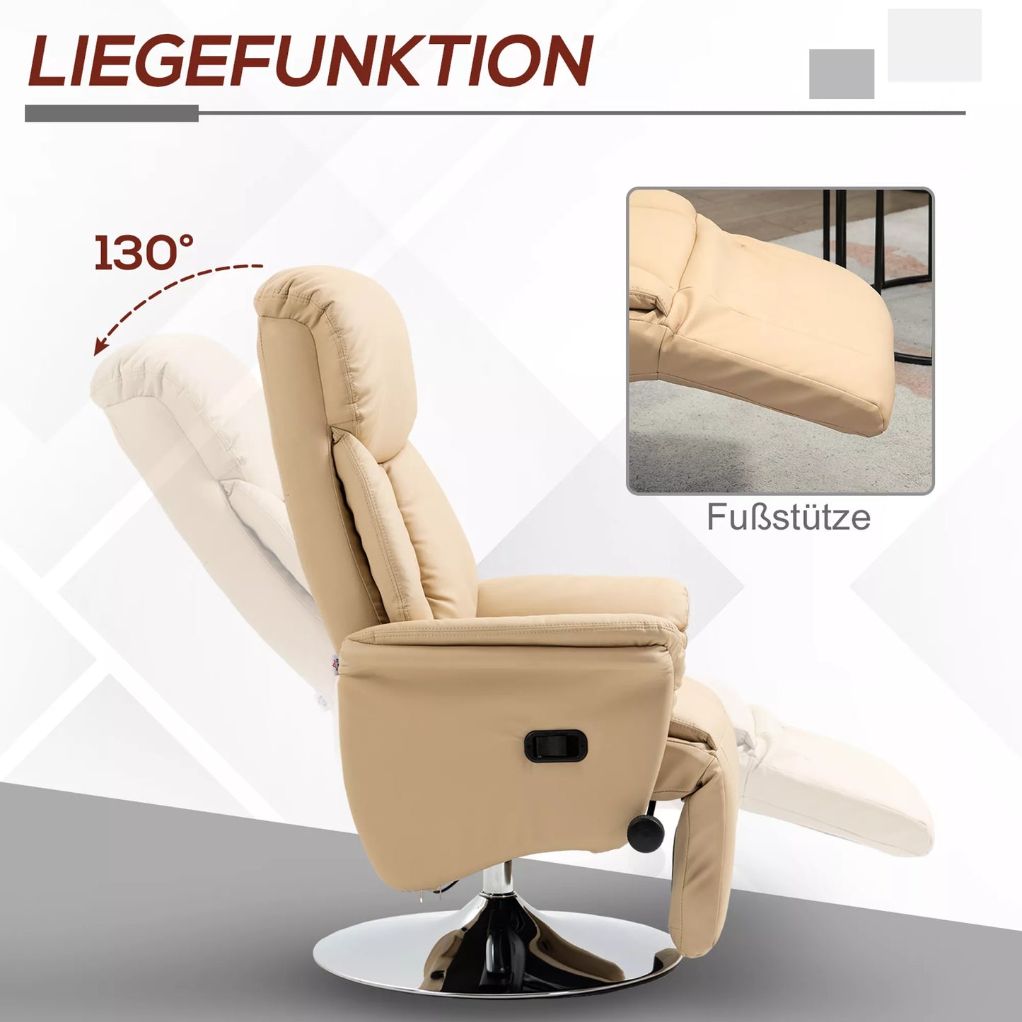 Relaksinis krėslas, miegamoji funkcija, odos imitacija, kojų atrama, iki 150 kg, 78 x 80 x 109 cm, smėlio spalvos