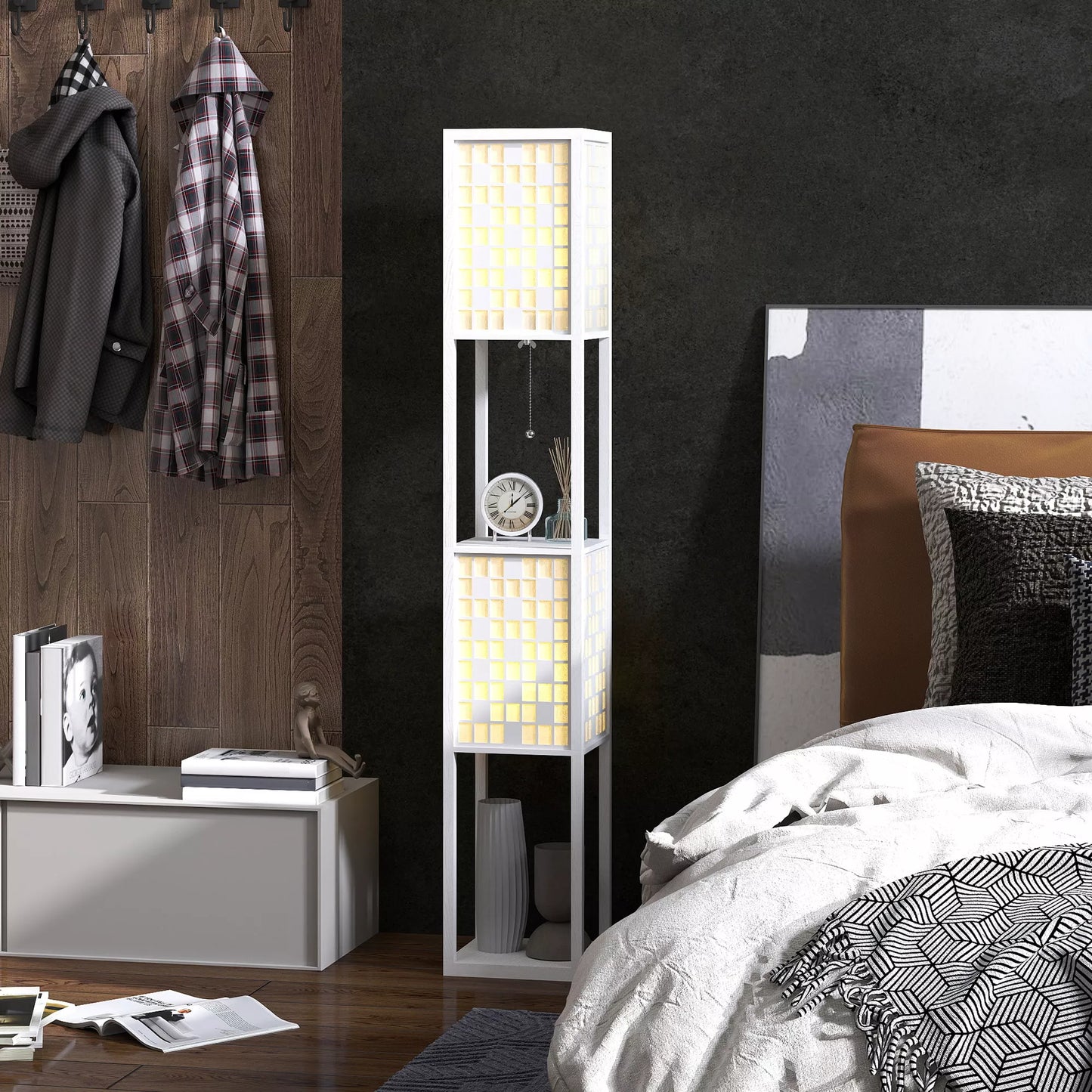 Pastatomas šviestuvas, grotelių raštas, 2 pakopų lentynos, tinka įvairioms lemputėms, balta