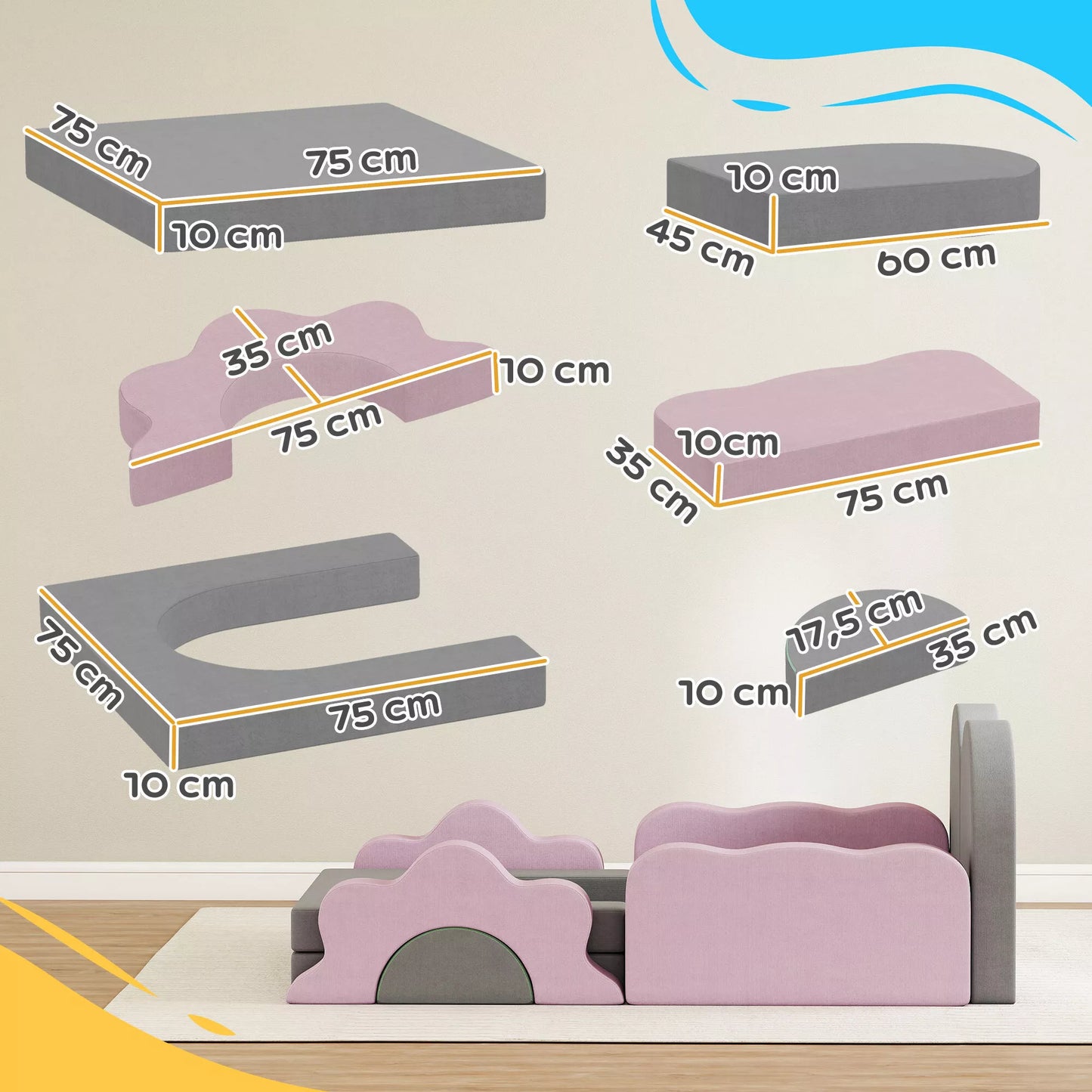 12 dalių putplasčio blokelių rinkinys laipiojimui, statyboms, ropojimui, vidiniai žaidimų kilimėliai su kordiniu užvalkalu, Pilka+Rožinė