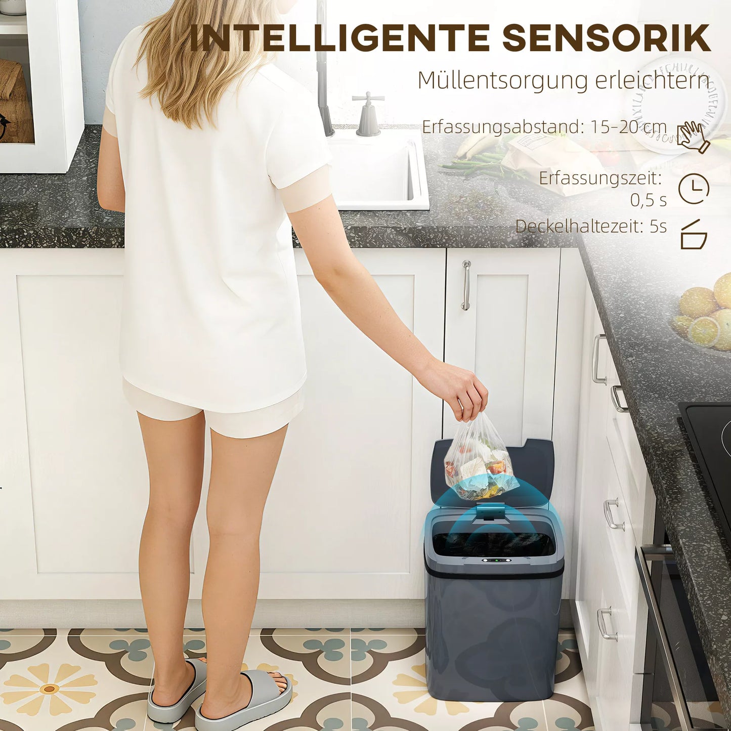 Sensorinis šiukšliadėžė 15L Automatinė šiukšliadėžė su dviem atidarymo režimais, skirta biurui, virtuvei, 27,6 x 21,4 x 33,5 cm, pilka