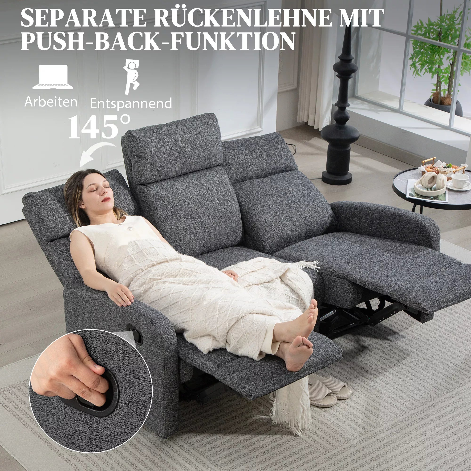 3 vietų sofa, individualiai reguliuojamos atlošos, kojų atrama, audinio apmušalas, metalas, pilka