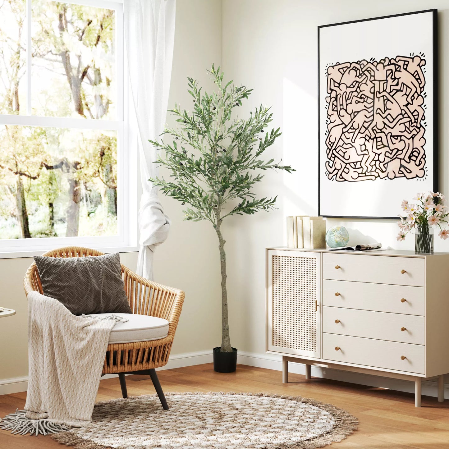 Dirbtinis alyvmedis, 180 cm, 900 lapų, 40 alyvuogių, tvirtas vazonas, dekoratyvinis augalas, žalias