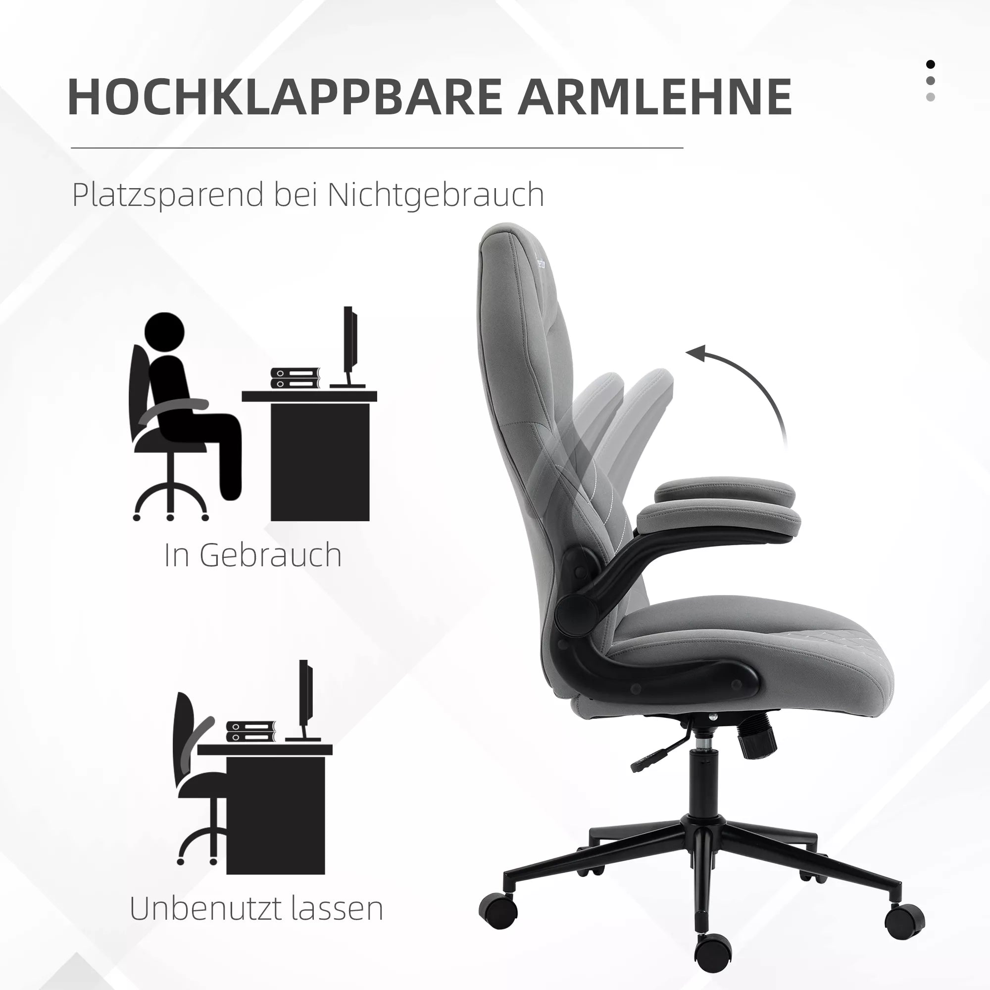 Biuro kėdė su atlošu, reguliuojamo aukščio, sulankstomi porankiai, supamoji funkcija, šviesiai pilka