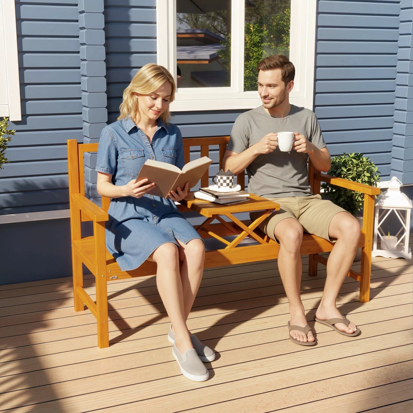 Medinis lauko suolas su atlenkiamu staliuku, pušis, 153x56x91 cm