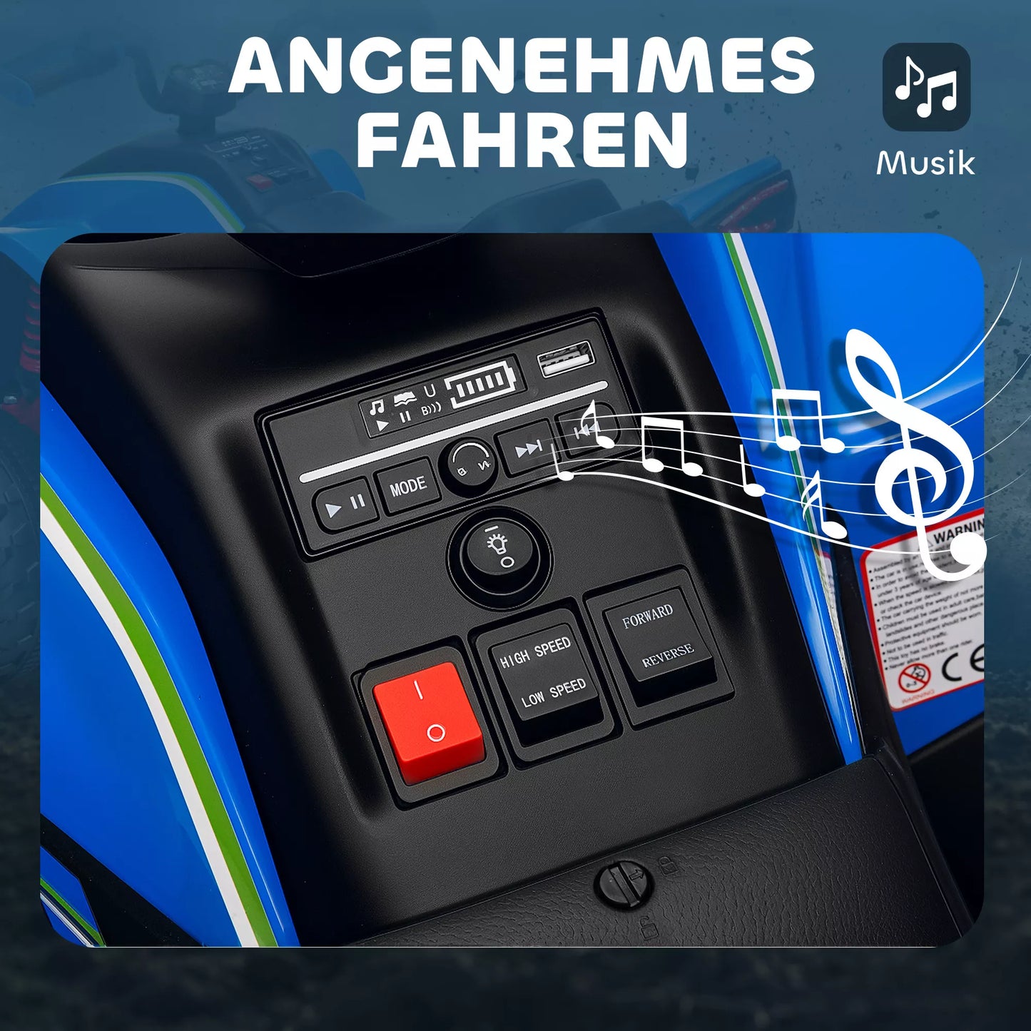 Elektrinis keturratis vaikams, 3-6 km/h, LED žibintai, muzika, USB, 3-8 metų amžiaus, mėlynas