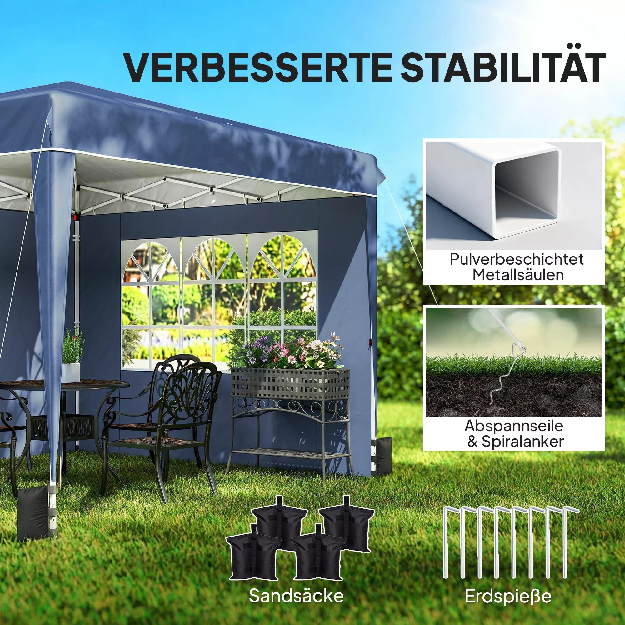 Paviljonas 3 x 3 m, atsparus vandeniui, reguliuojamo aukščio, išskleidžiamas, su 2 šoniniais elementais, UV 50+, sulankstomas, tamsiai mėlynos spalvos