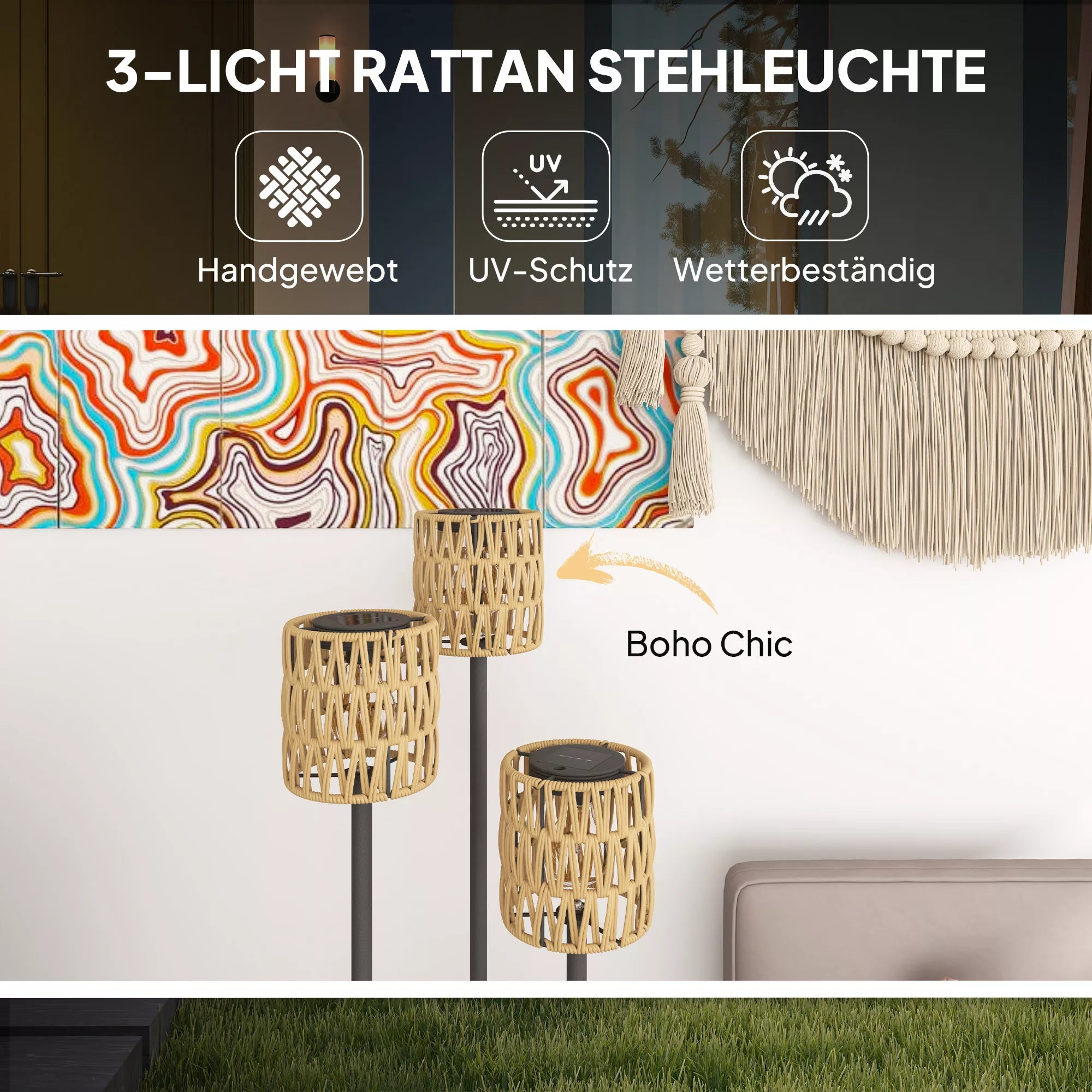 Infografika su trijų rotango gaubtų šviestuvo detalais: boho stiliaus estetika ir savybės