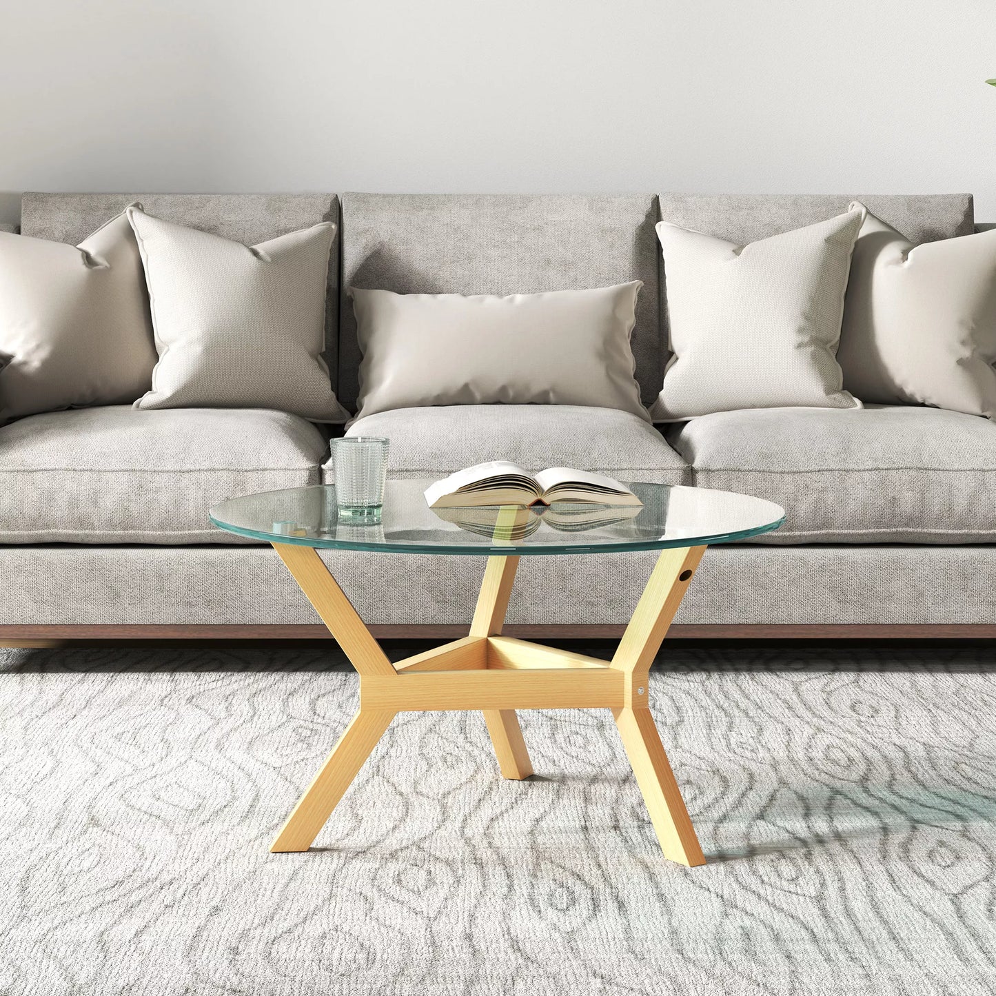 Apvalus staliukas iš grūdinto stiklo su reguliuojamais padukais ir plieniniu rėmu, skirtas svetainei, miegamajam