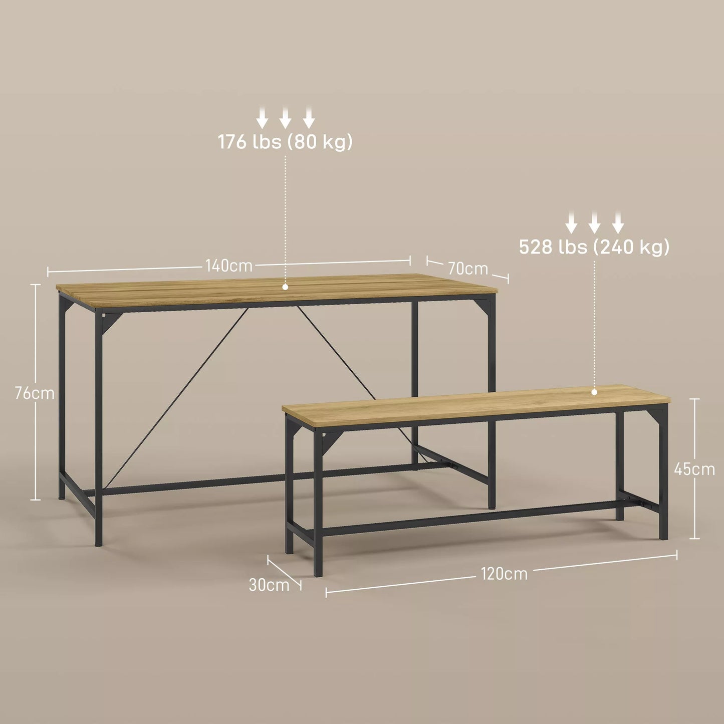 Valgomojo baldų komplektas, Stalas ir 2 suolai, Industrialinis dizainas, Plieno rėmas, Medžio imitacija/Juoda