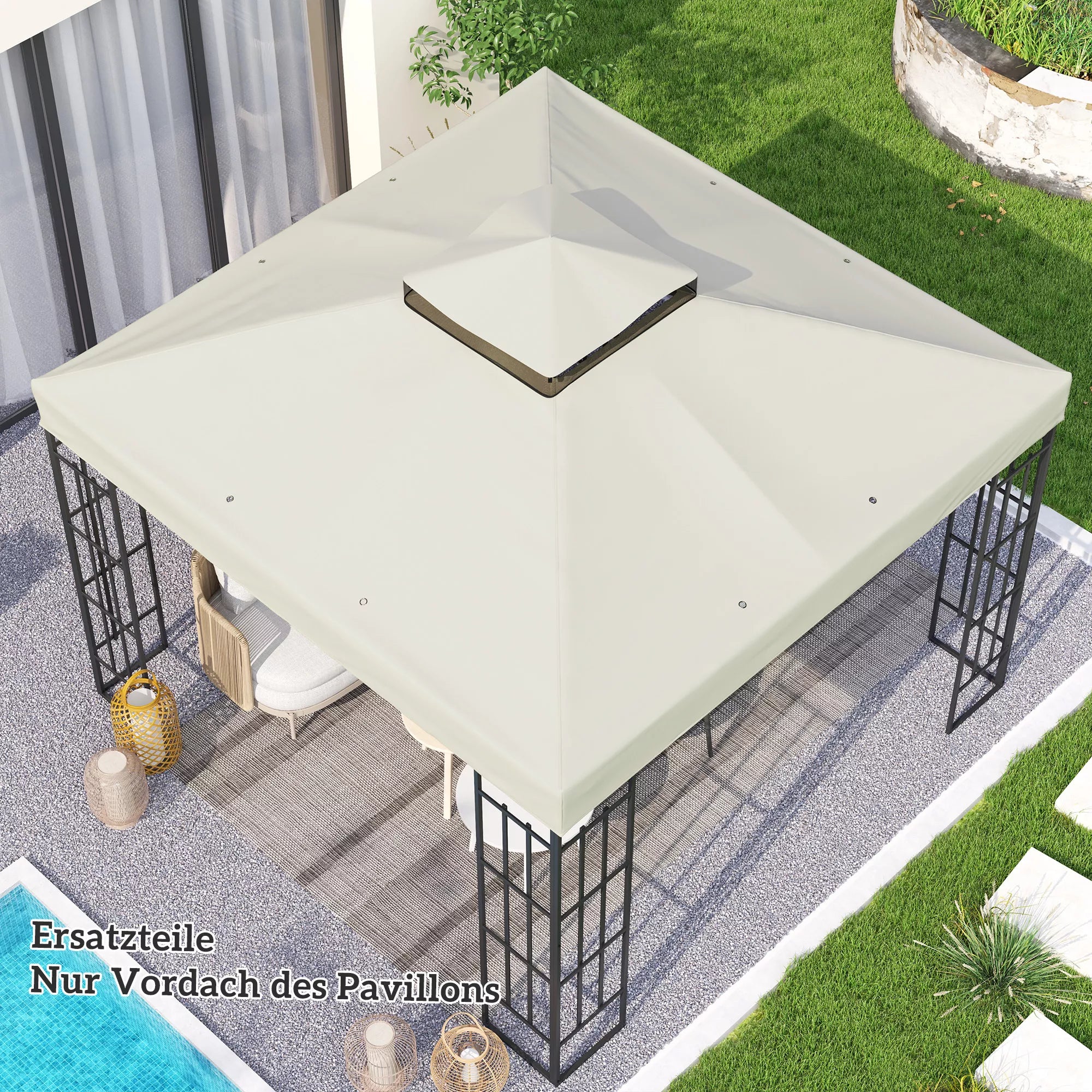 3 x 3 m atsarginis stogas paviljonui, atsarginis paviljono tentas su vandens nutekėjimo angomis, UPF30+, apsauga nuo saulės, šviesiai pilkos spalvos