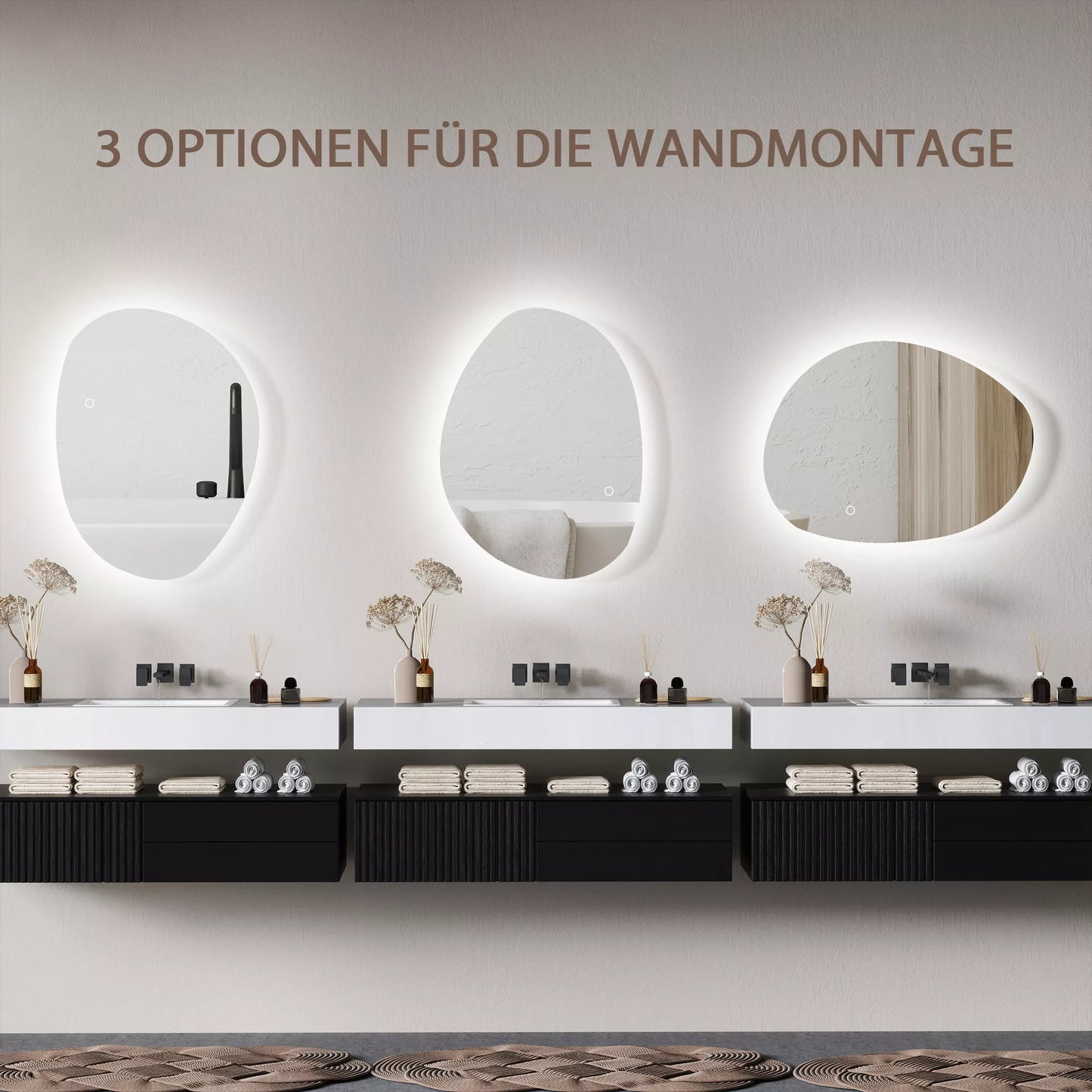 70 x 50 cm Asimetriškas vonios veidrodis su LED apšvietimu, "Smart Touch" jungikliu, apsaugos nuo rasojimo funkcija, sidabrinis