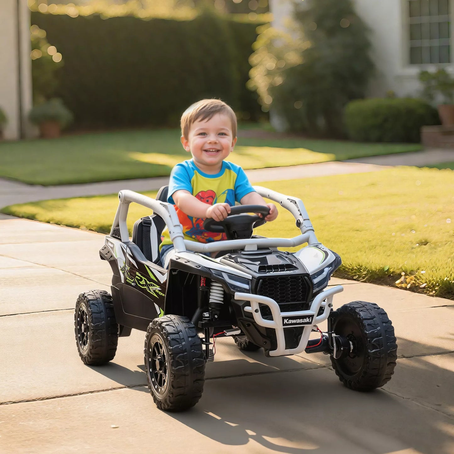 12V elektrinis visureigis vaikams, su nuotolinio valdymo pulteliu, LED žibintais, muzika, garsiniu signalu, skirtas vaikams nuo 3 iki 8 metų, pilkos spalvos.
