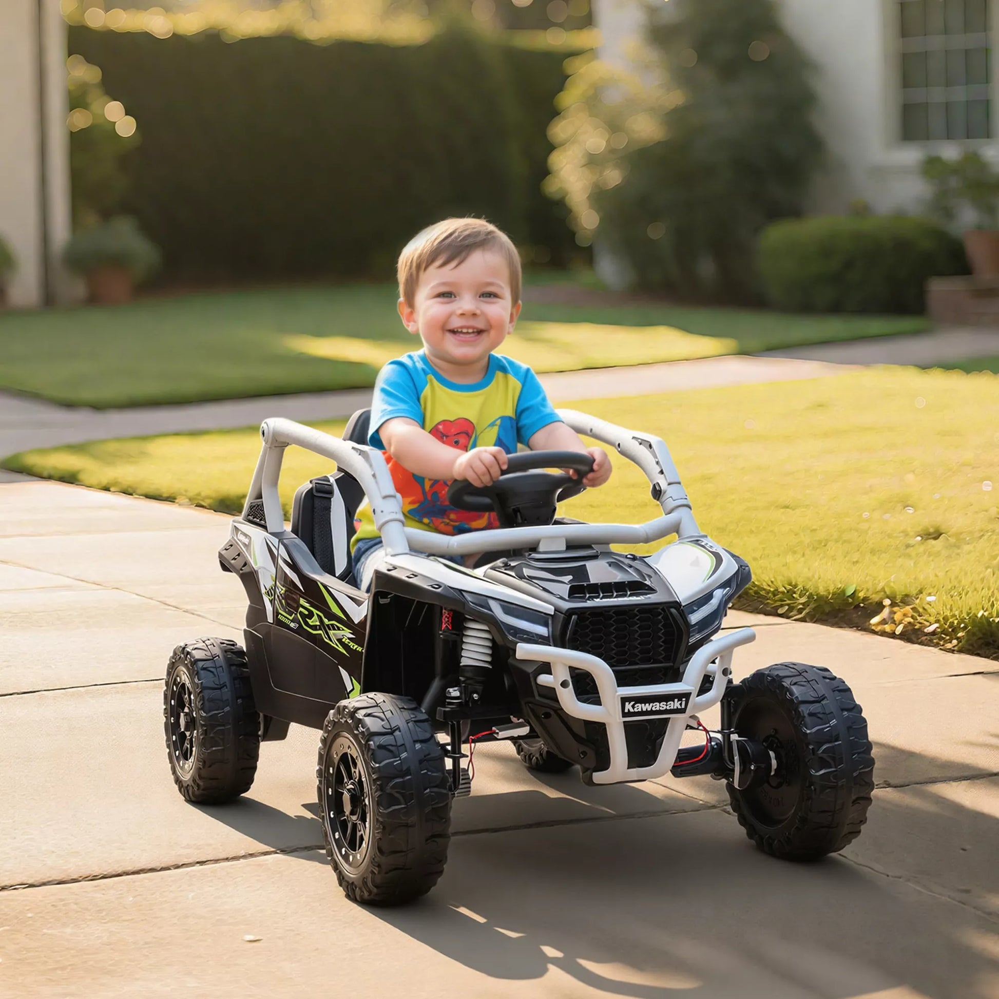 12V elektrinis visureigis vaikams, su nuotolinio valdymo pulteliu, LED žibintais, muzika, garsiniu signalu, skirtas vaikams nuo 3 iki 8 metų, pilkos spalvos.