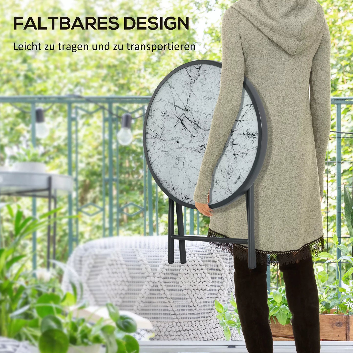 Sulankstomas pagalbinis stalas, sulankstomas lauko stalas, su stalviršiu iš grūdinto stiklo, skirtas terasai, 45 x 45 x 50 cm, baltas