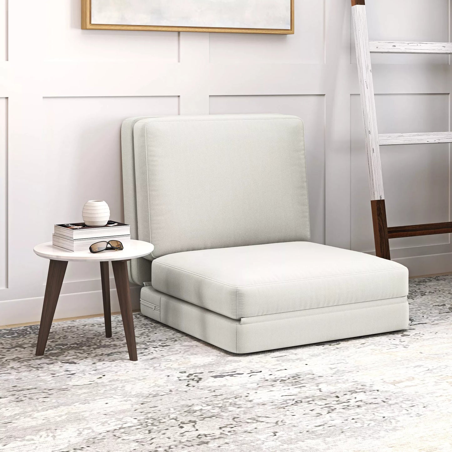 Sulankstoma kėdė ant grindų su pagalvėle, transformuojama į minkštą sofą, skirta svetainei, svečių kambariui, biurui, 75 x 268 x 18 cm, kreminės baltos spalvos
